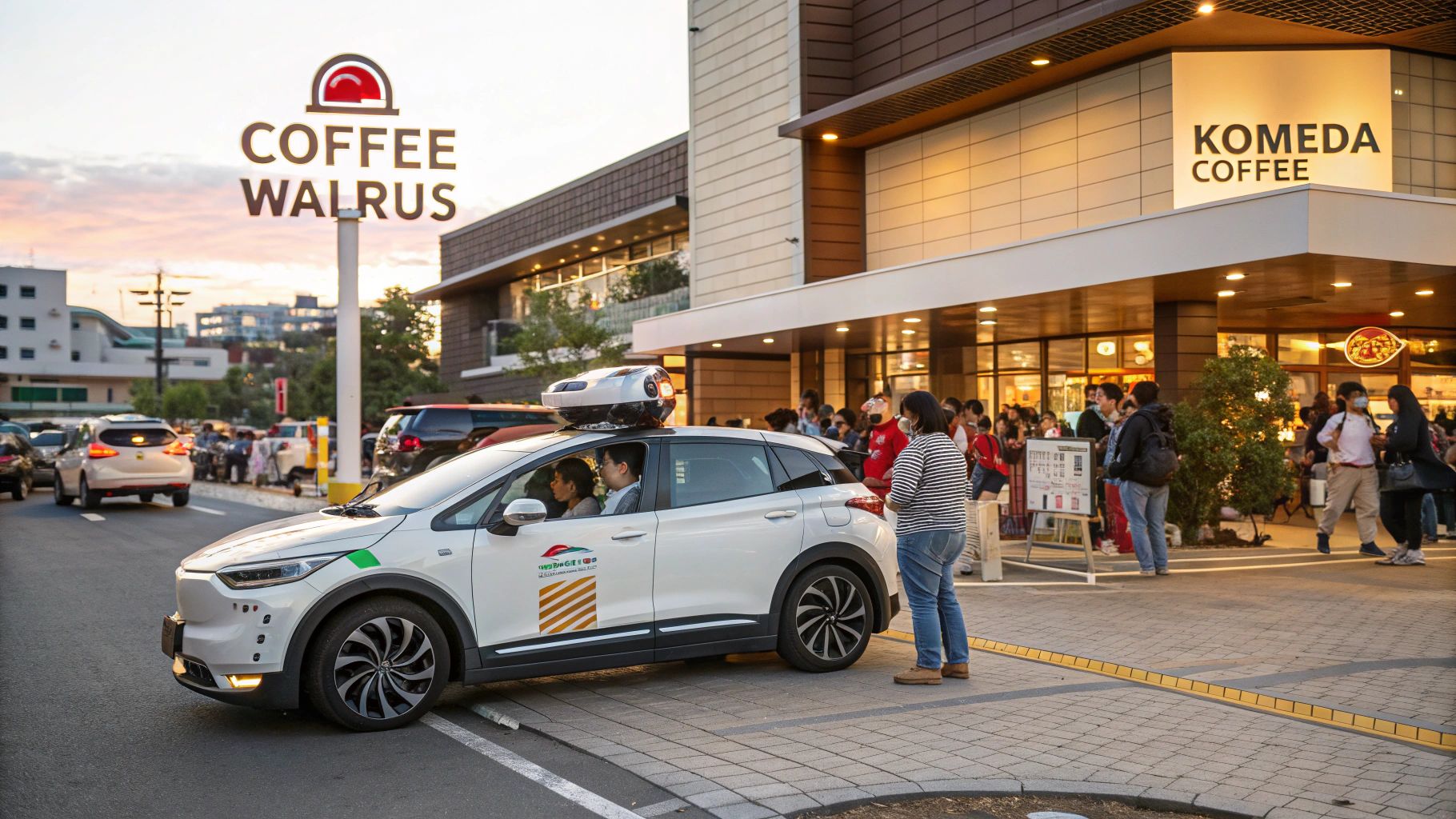 名古屋のカフェでエコ燃料を補給する自動運転車