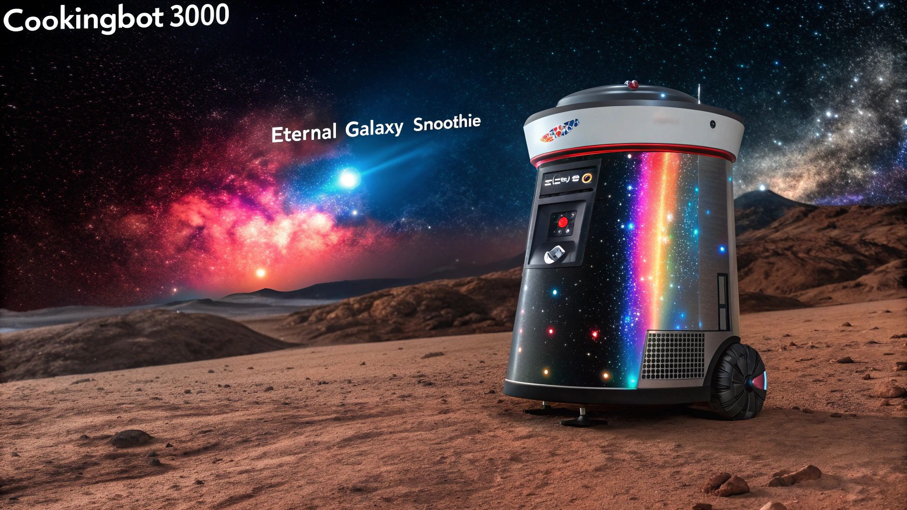 未来型ロボットが銀河スムージーを作る火星風景