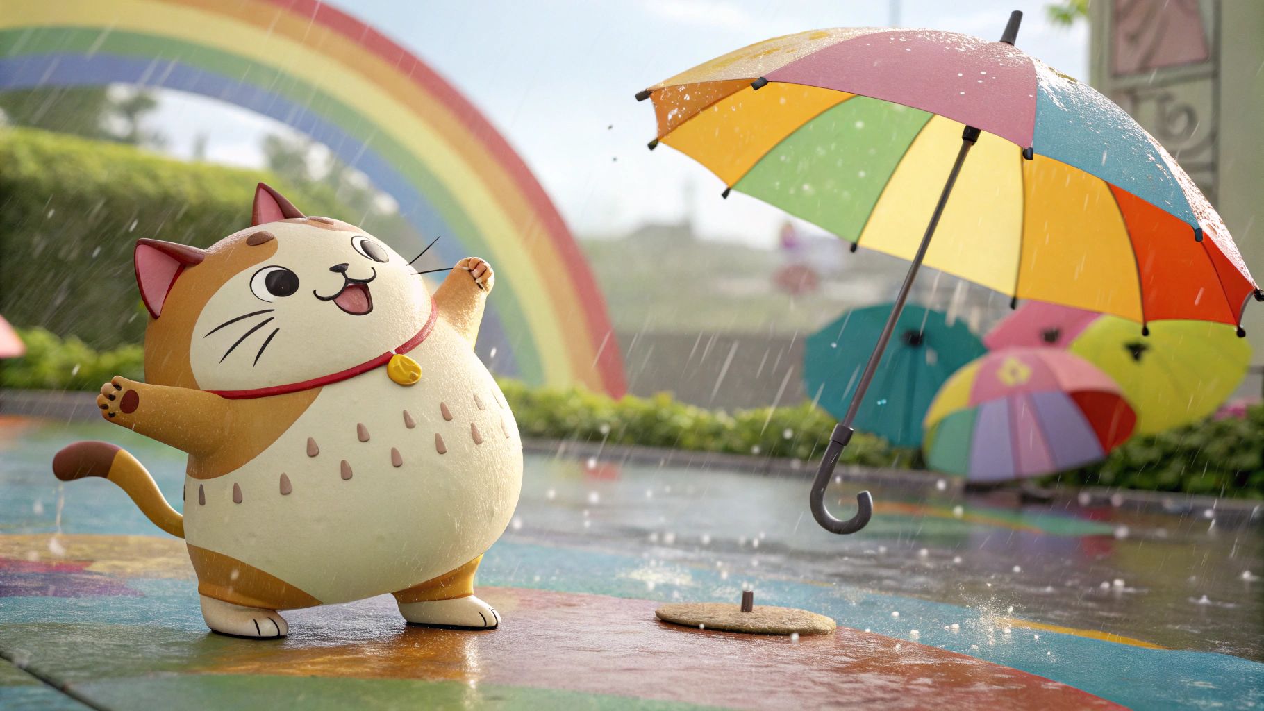 雨の中踊るもち太郎、可愛い猫のイラスト