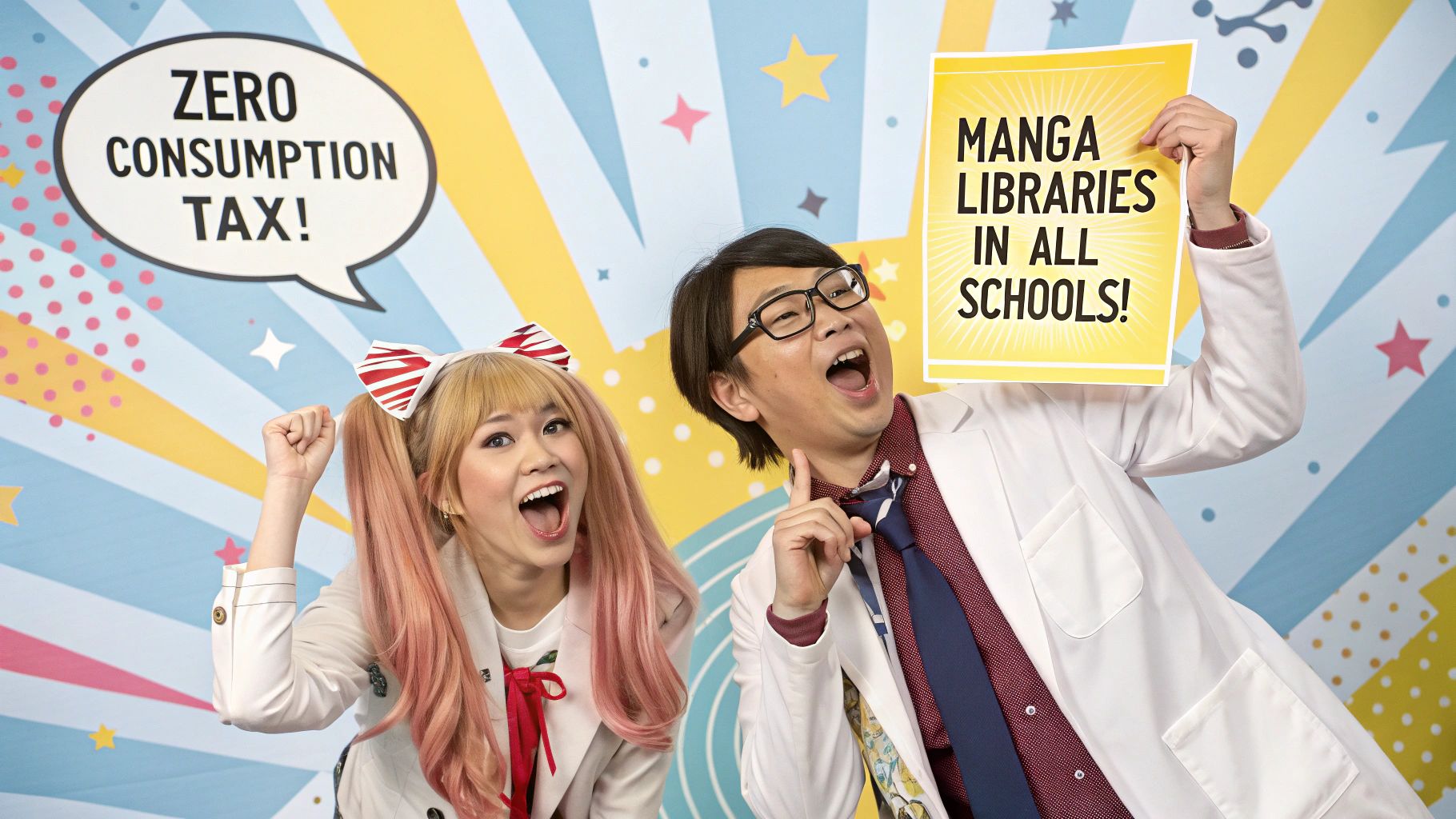 マンガキャラが消費税ゼロと漫画図書館を訴えるポップアート