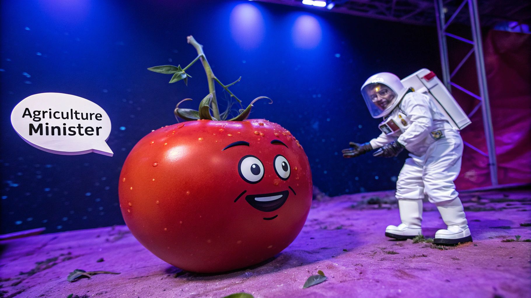 宇宙で会話する笑顔トマトと農大臣