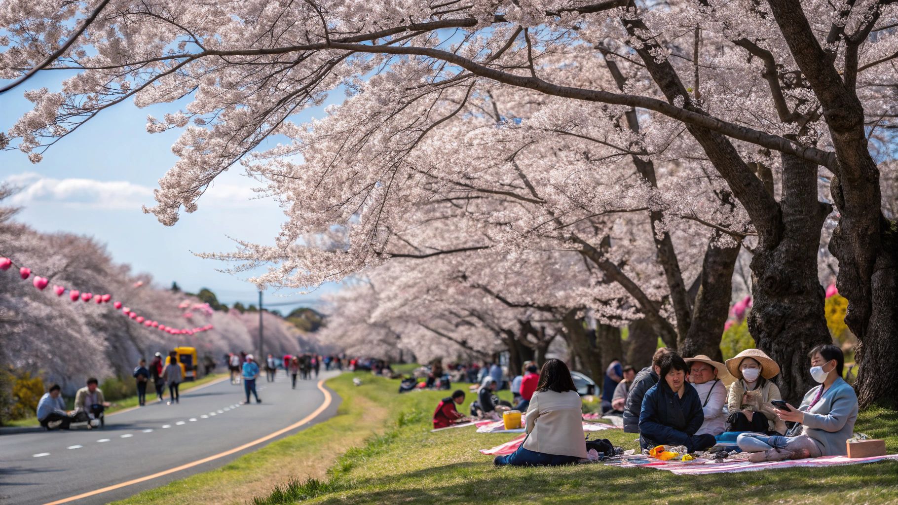 パステル調桜祭り笑顔花見行楽風景