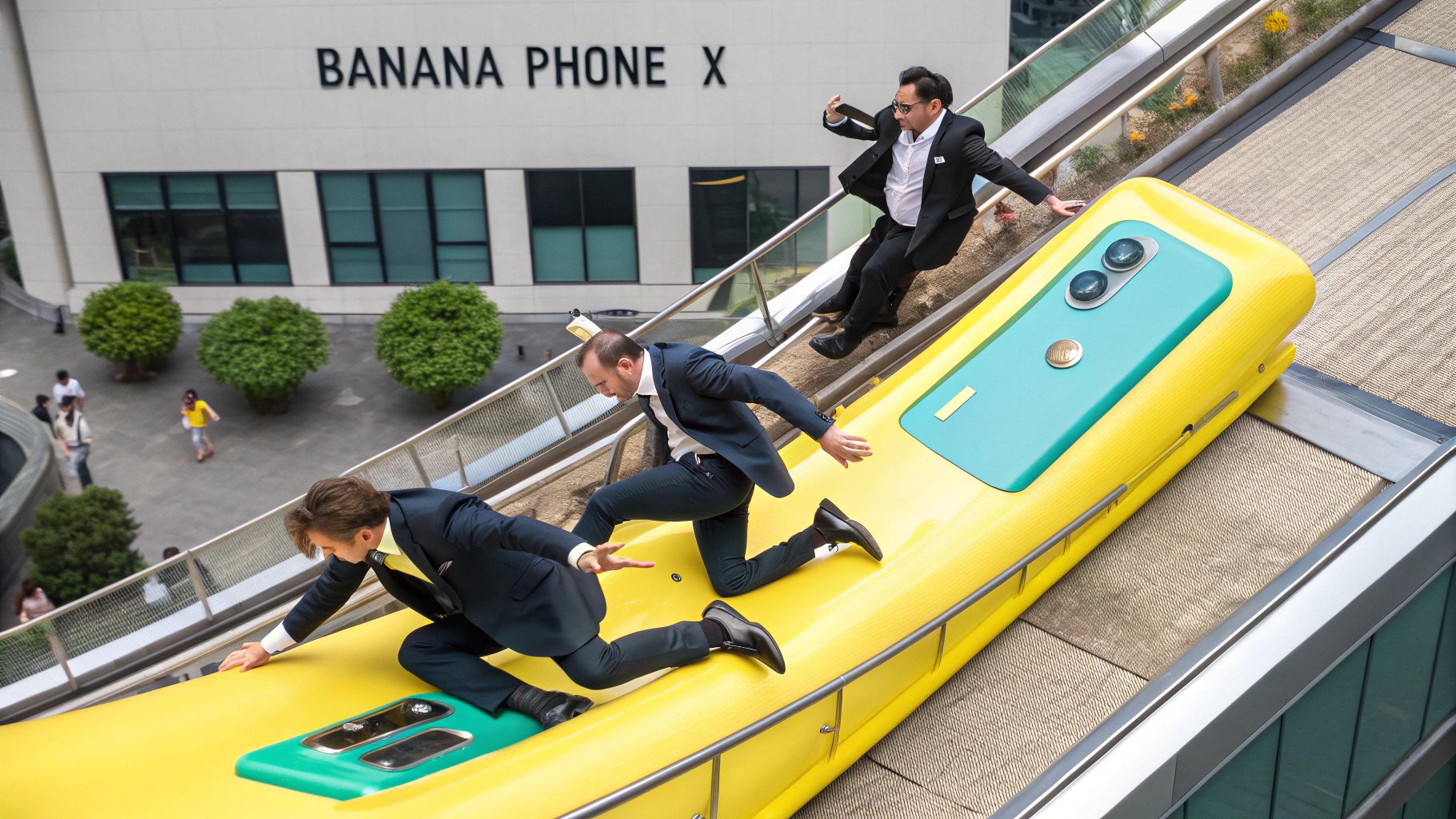 未来都市でバナナ型スマホを持つビジネスマン
