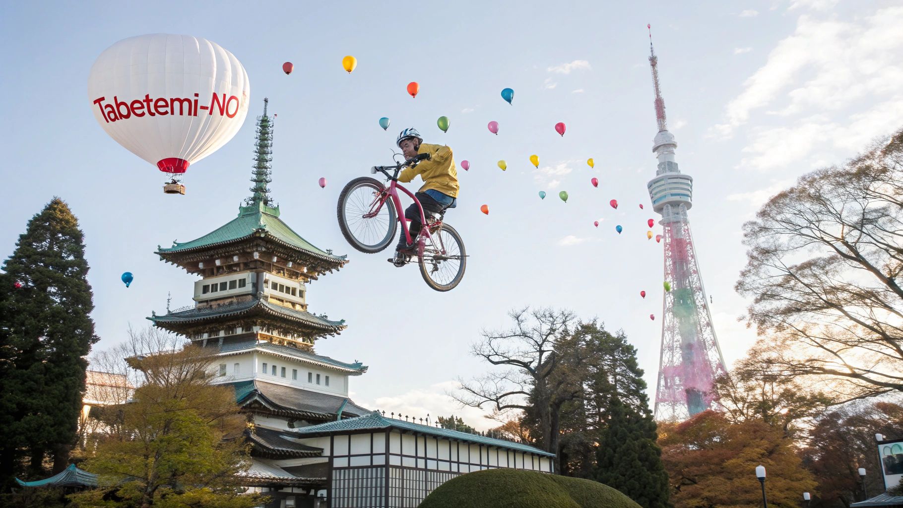 名古屋城とTVタワー上空の飛行自転車