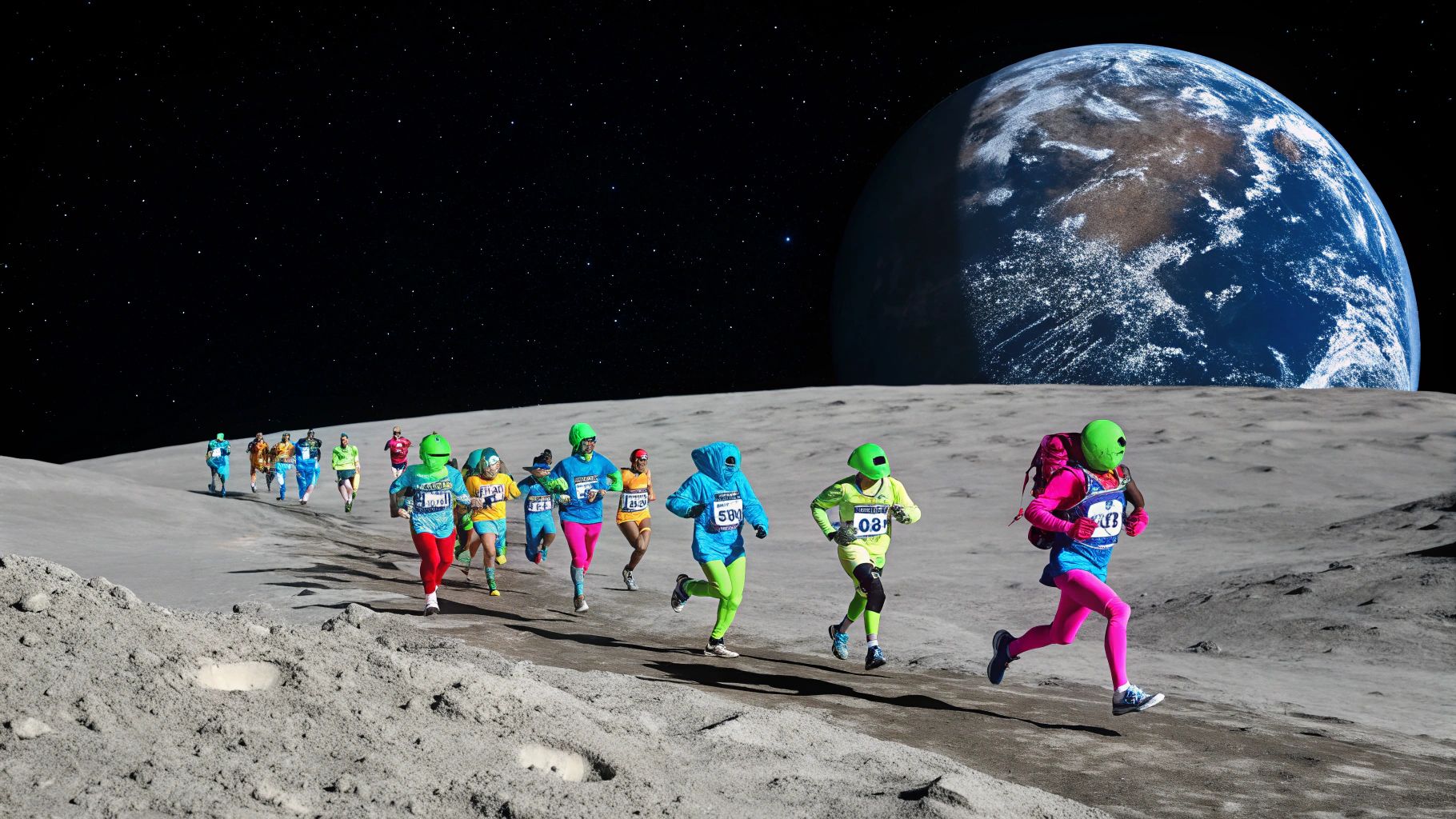 カラフルな宇宙人、月面マラソン