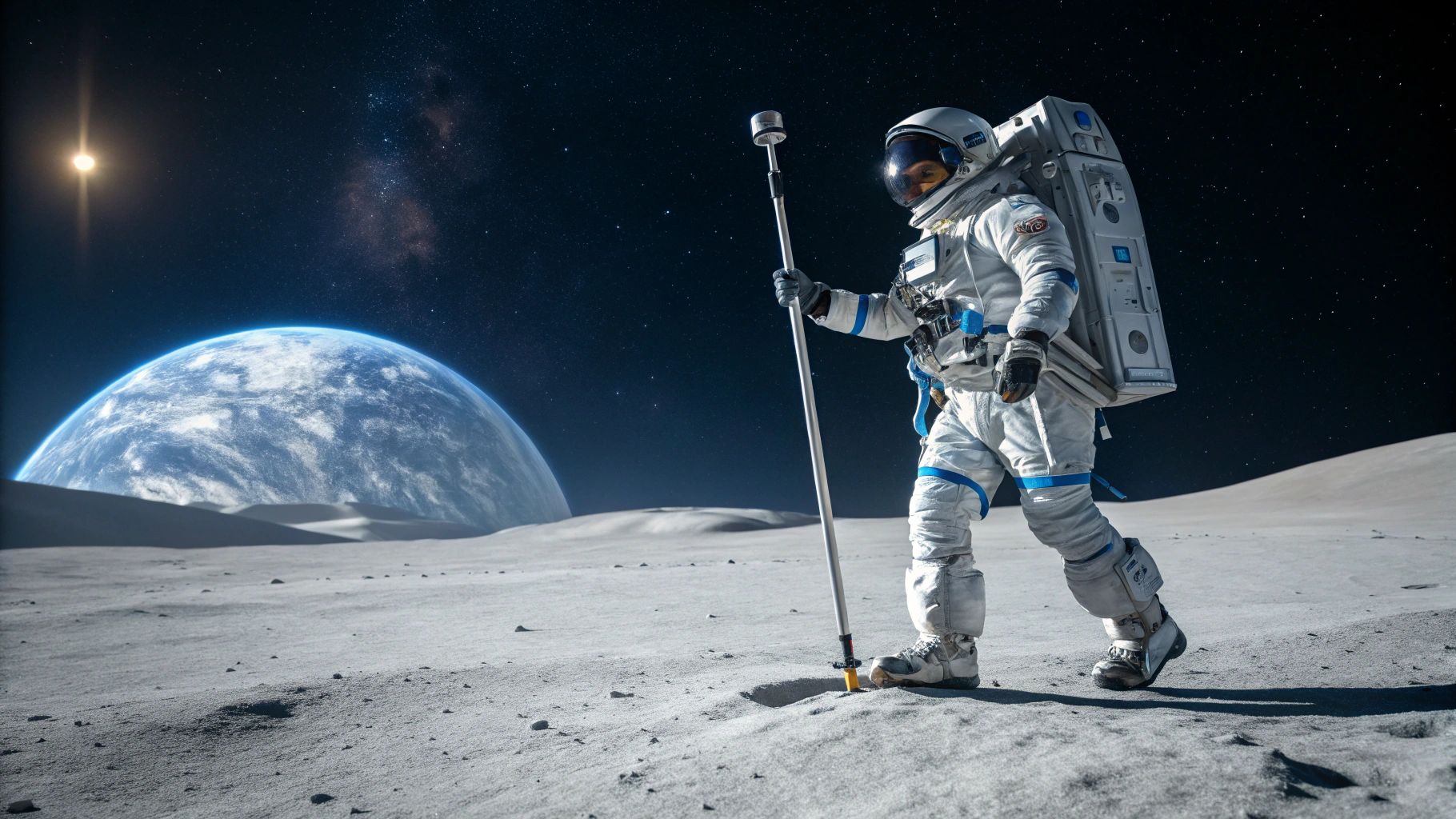 未来的な宇宙服の宇宙飛行士が月面をポールウォーキング
