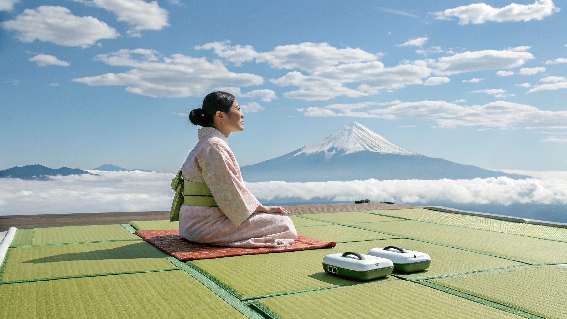 空飛ぶ畳と着物の人物(富士山)