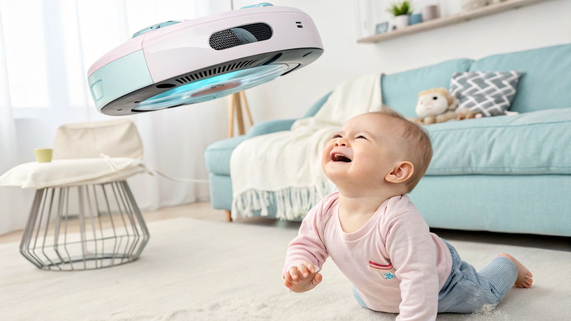 未来の掃除機、ペットの毛を吸い込み、赤ちゃん笑顔に
