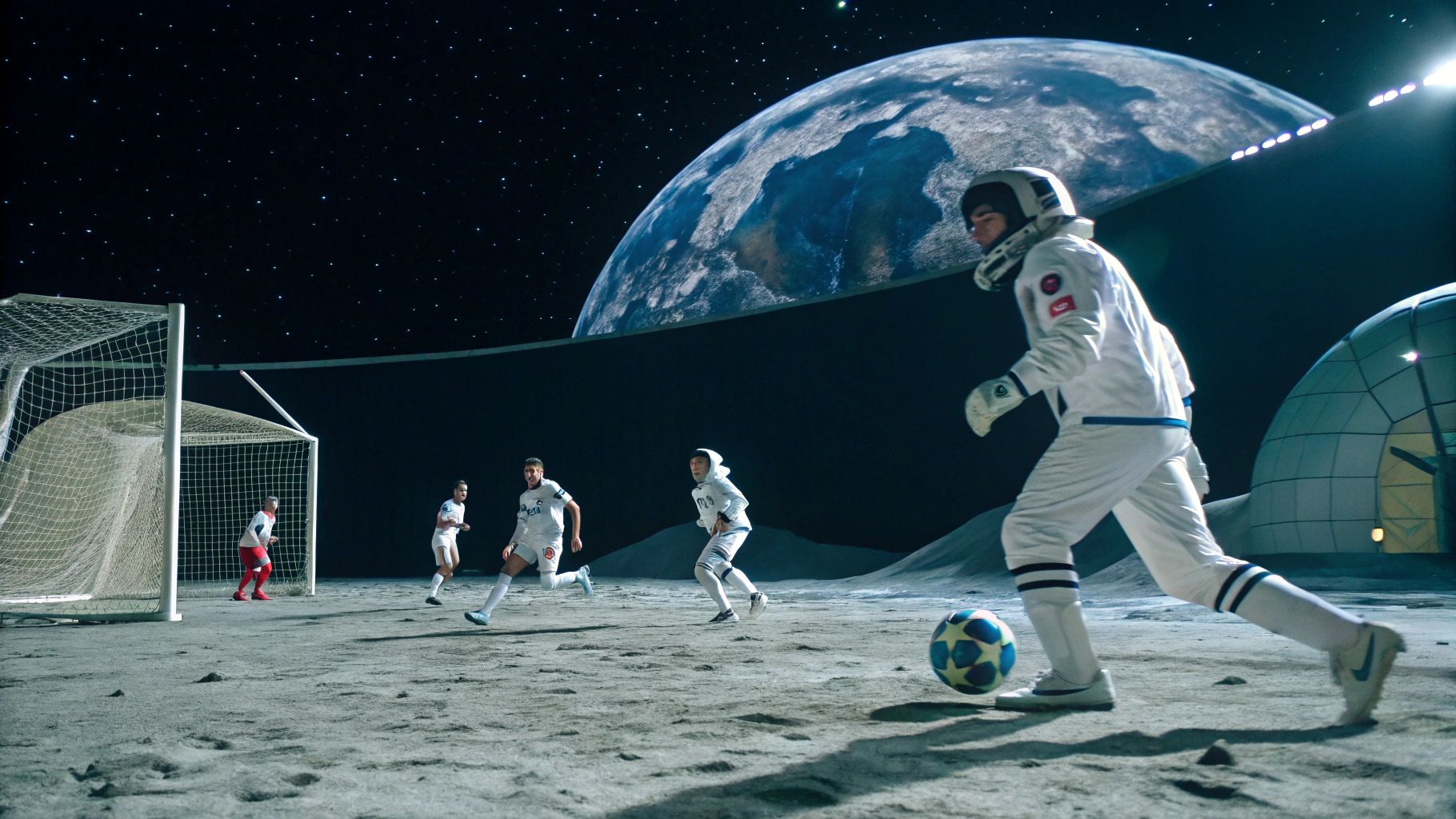 月面で宇宙服姿のサッカー選手がフリーキック