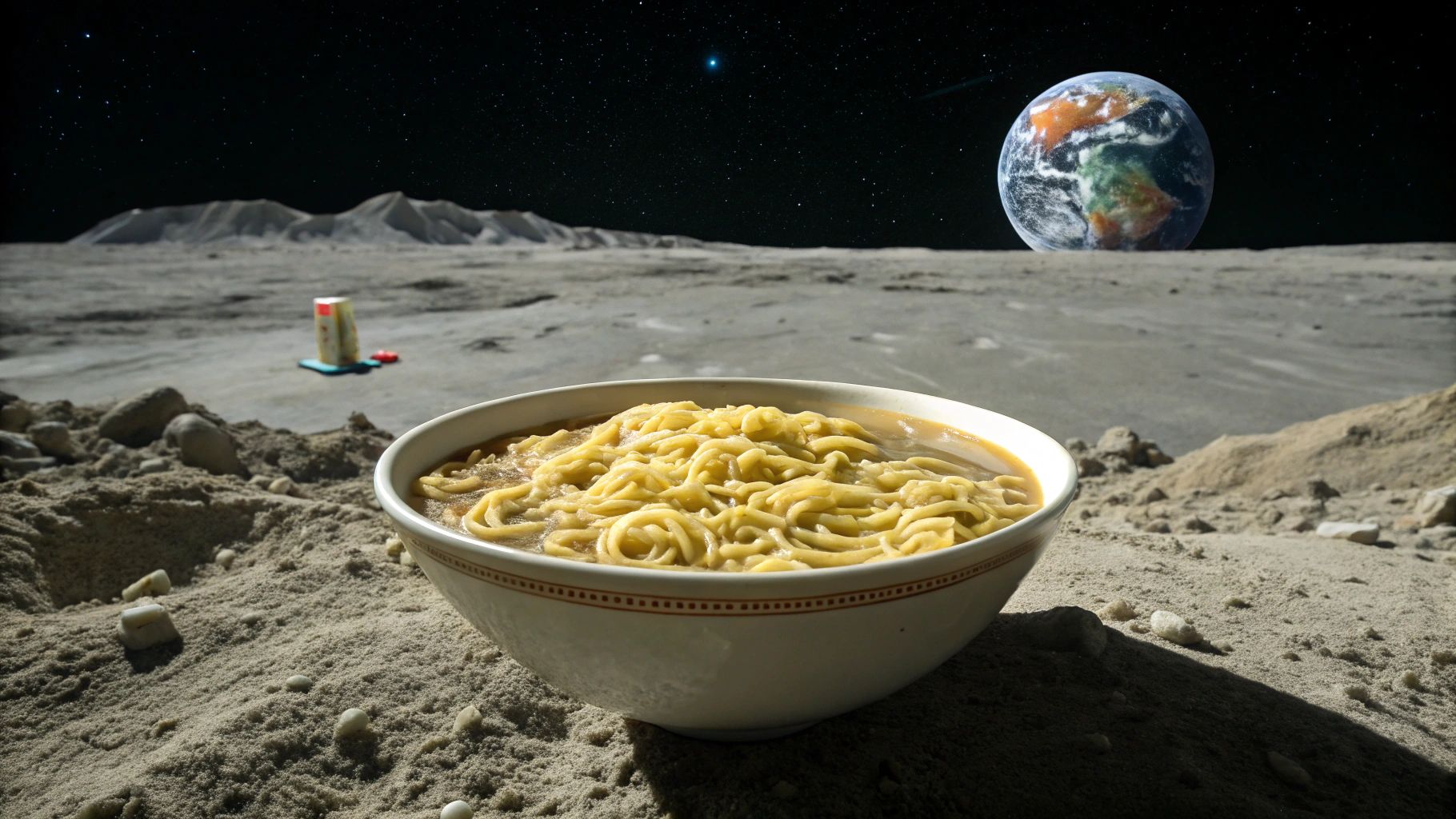 月面の巨大つけ麺、地球と味玉火星を背景に