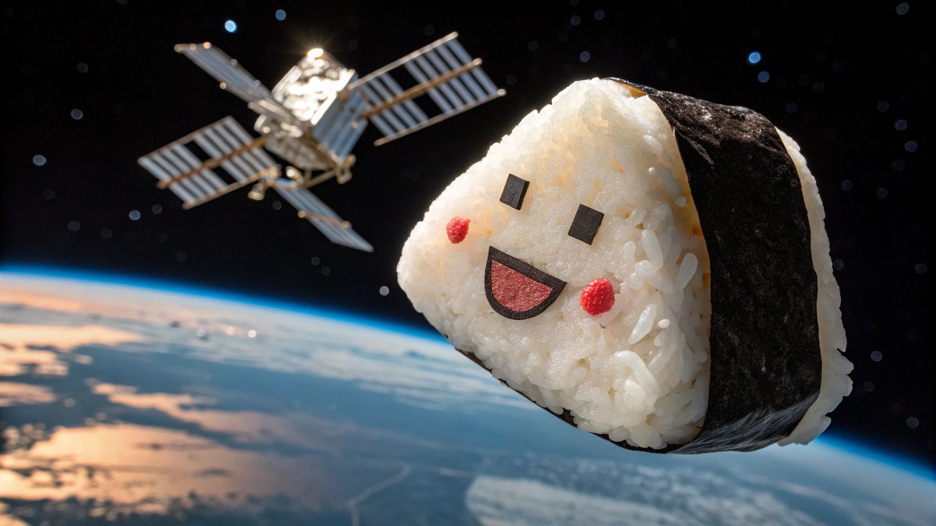 宇宙漂う笑顔のおにぎりと輝く赤梅