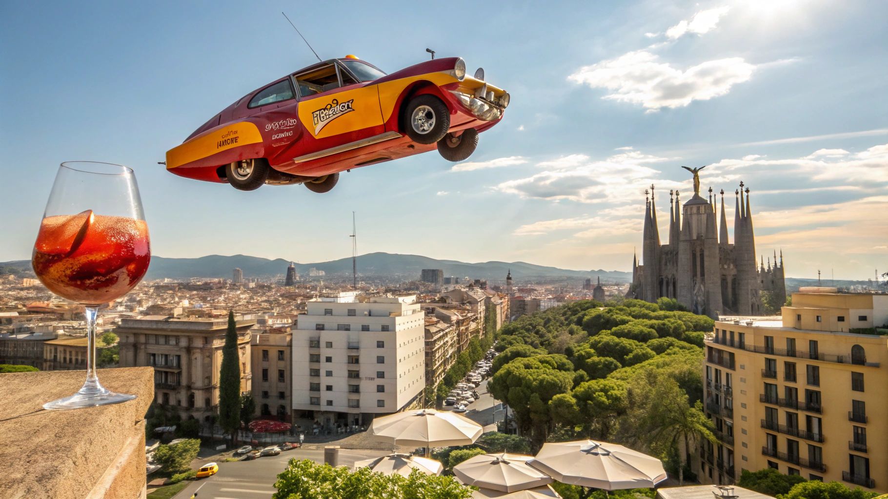 未来的飛行車とスペインサングリア背景