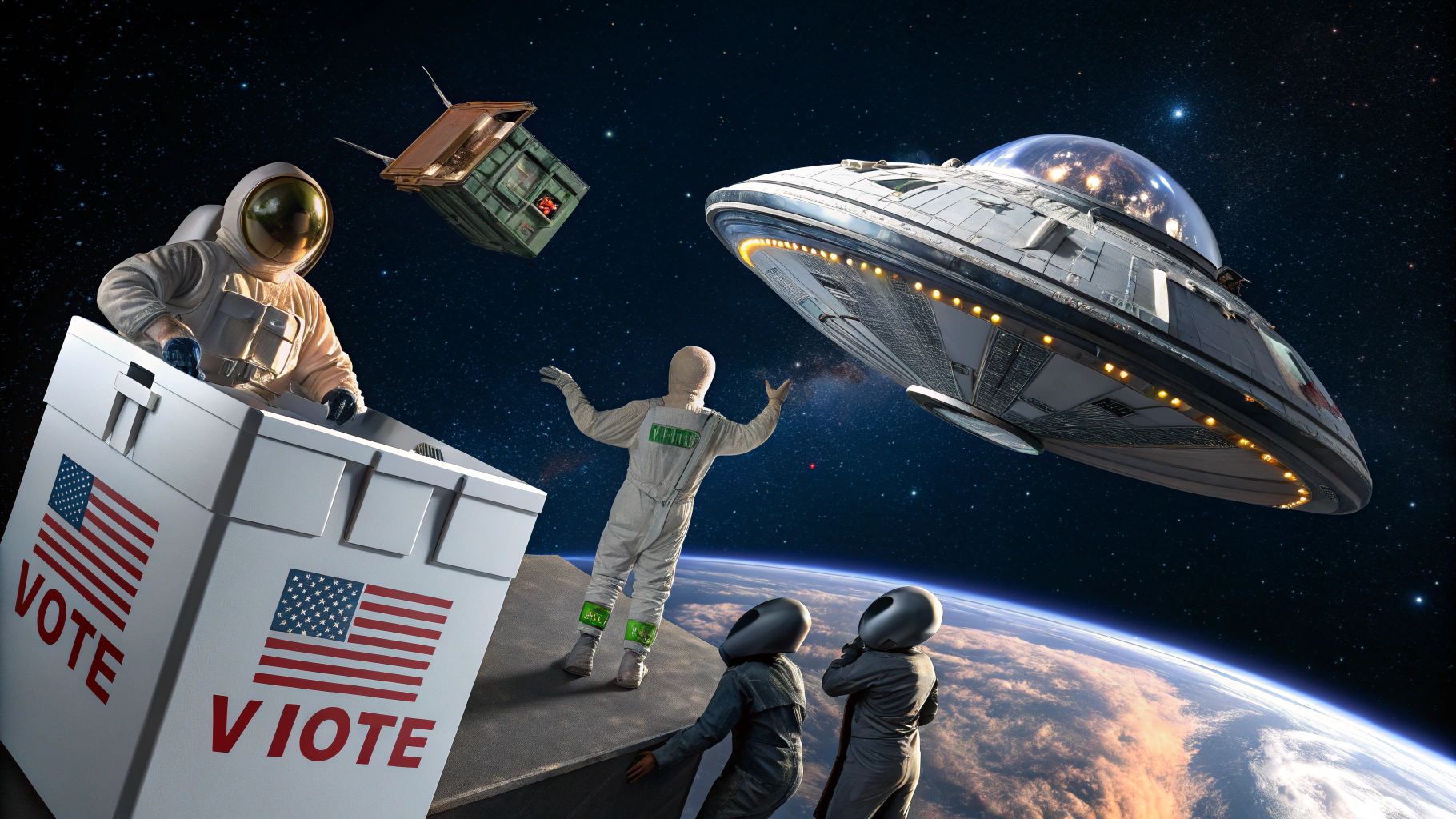 宇宙で浮遊する選挙風刺イラスト