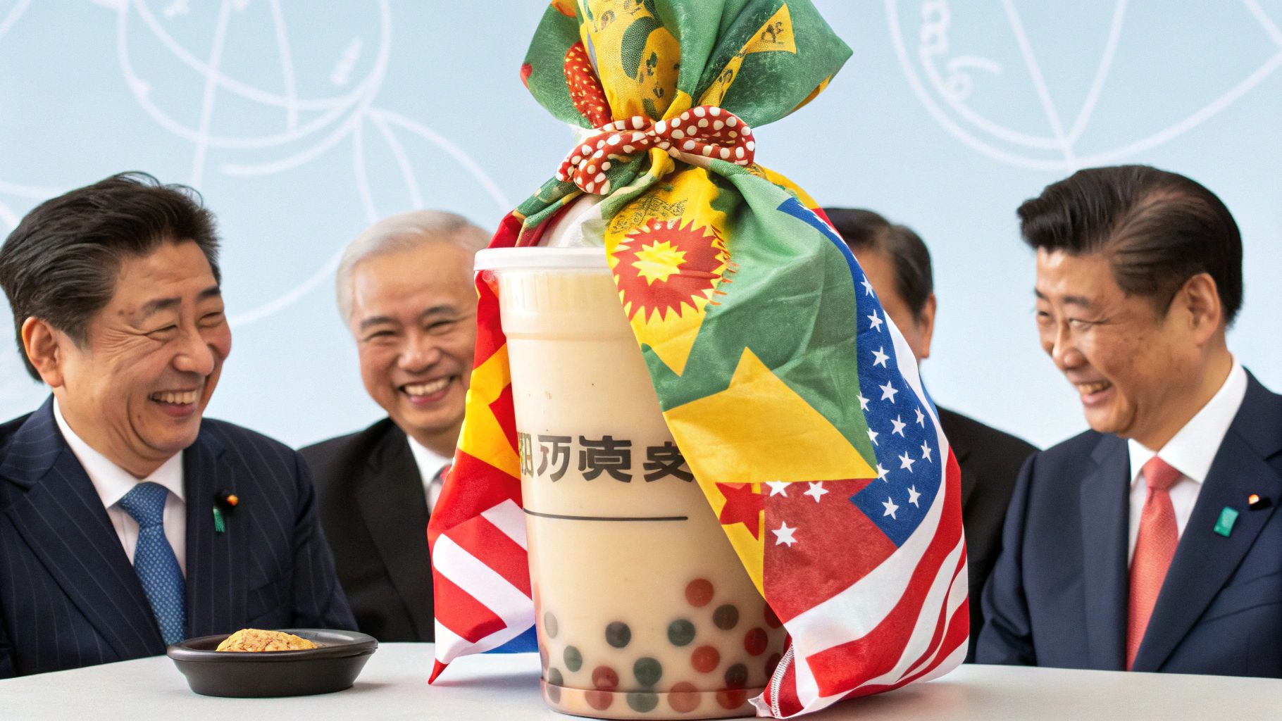 風呂敷包みミルクティーと世界首脳