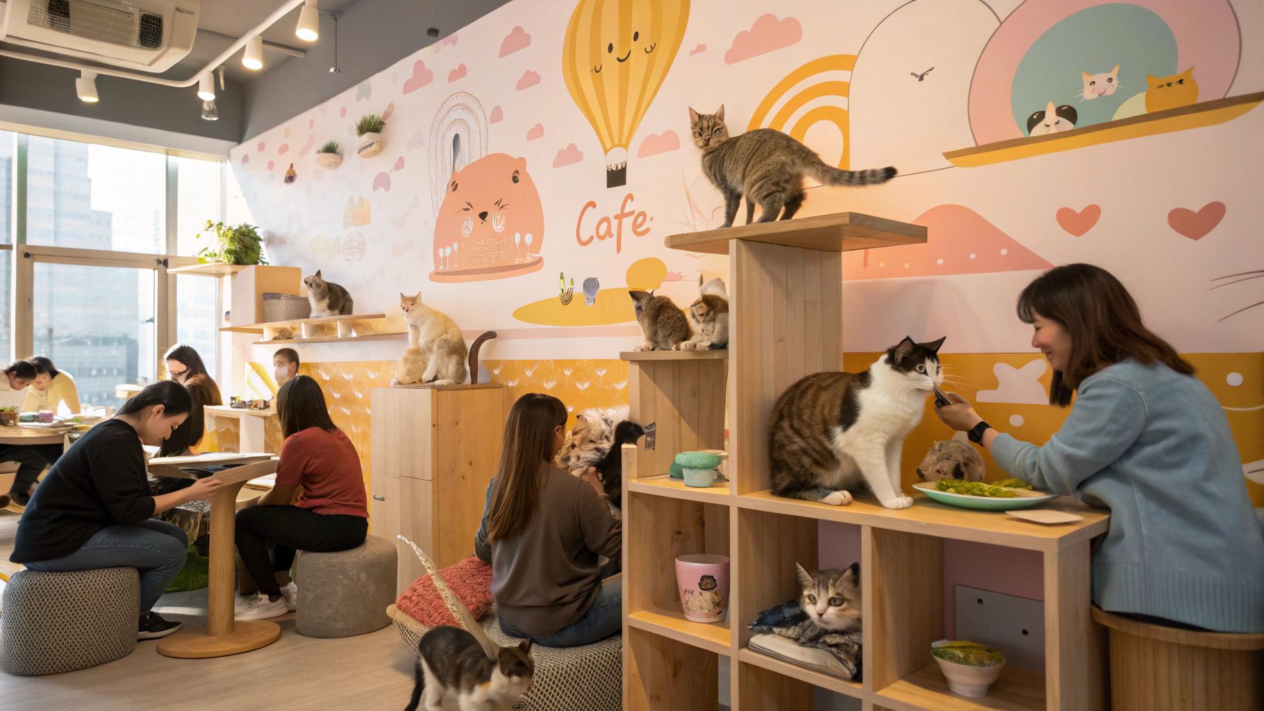 温かな猫カフェで遊ぶ猫たち