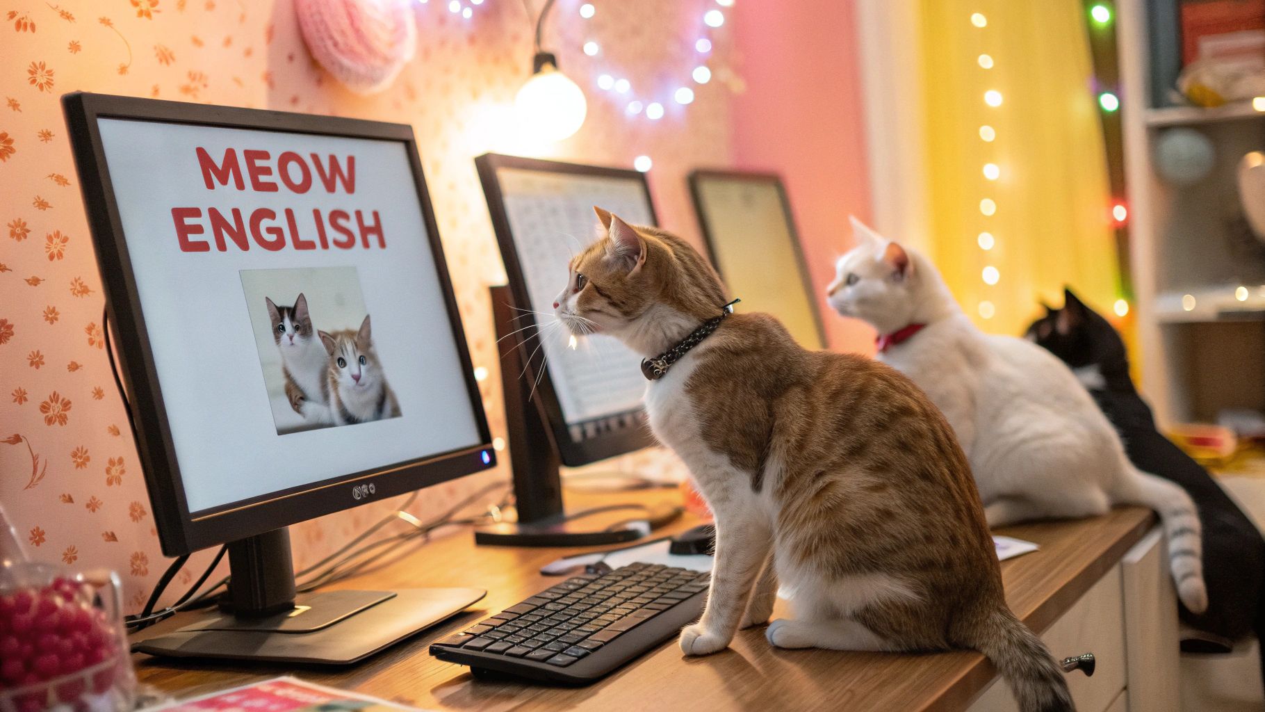 パソコンで英語学ぶ猫のイラスト