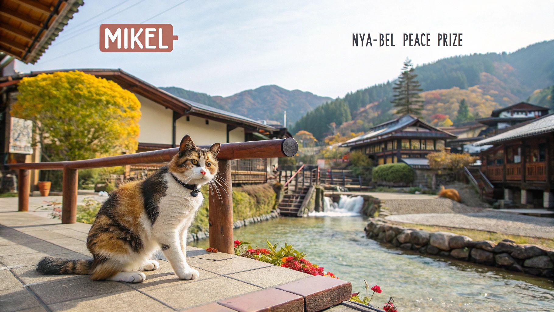 秋田温泉町三毛猫大使握手ポーズ