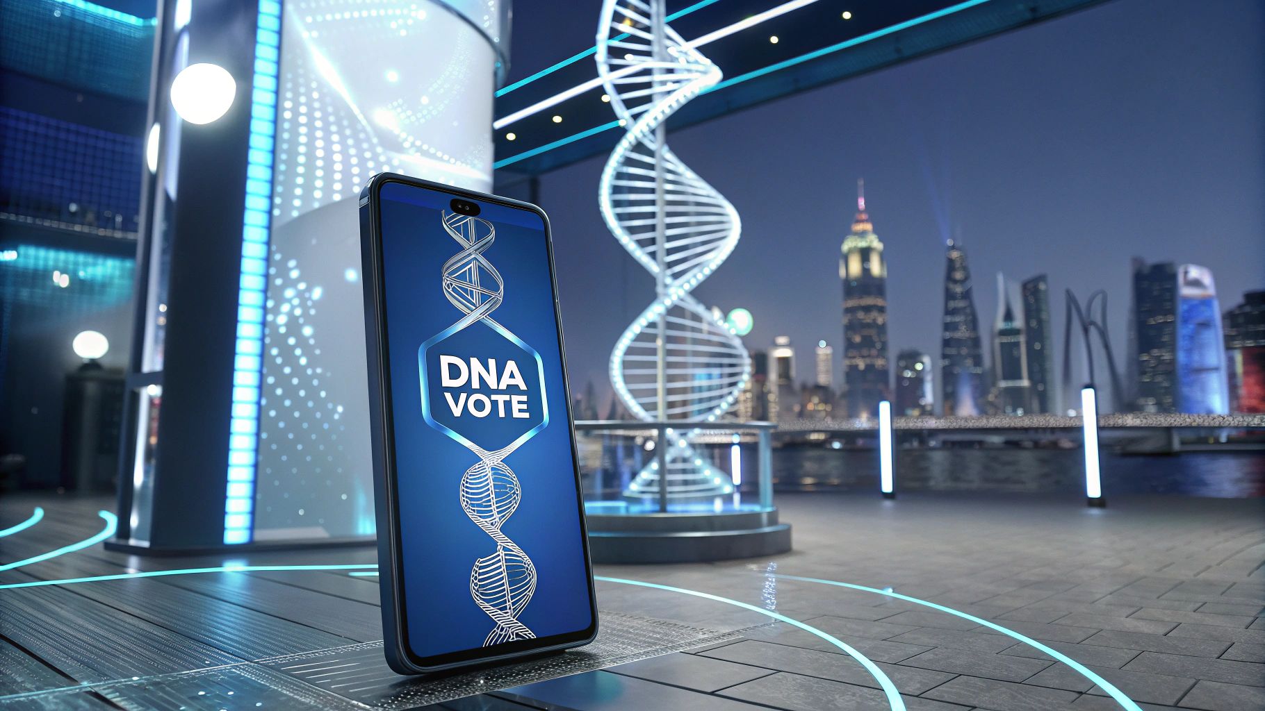 未来都市背景のDNA投票スマホ