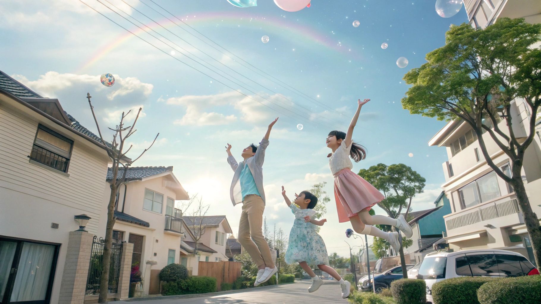 名古屋の家族空中浮遊幻想画