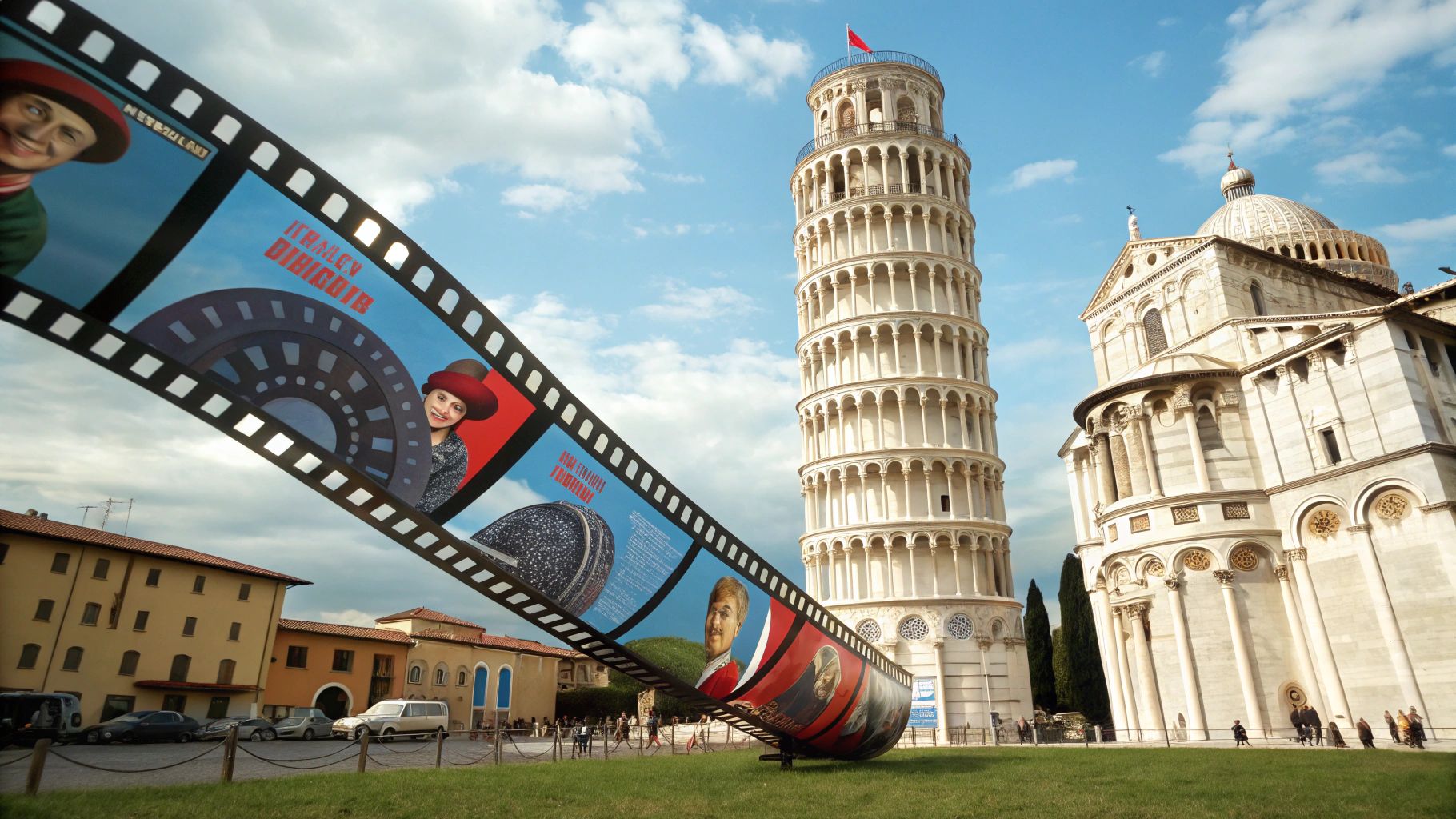 ピサ斜塔と映画リールの幻想建築