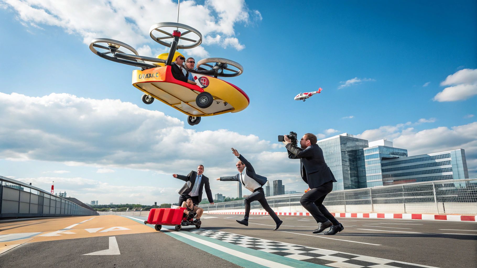 未来都市上空のマリオ風ドローンカート