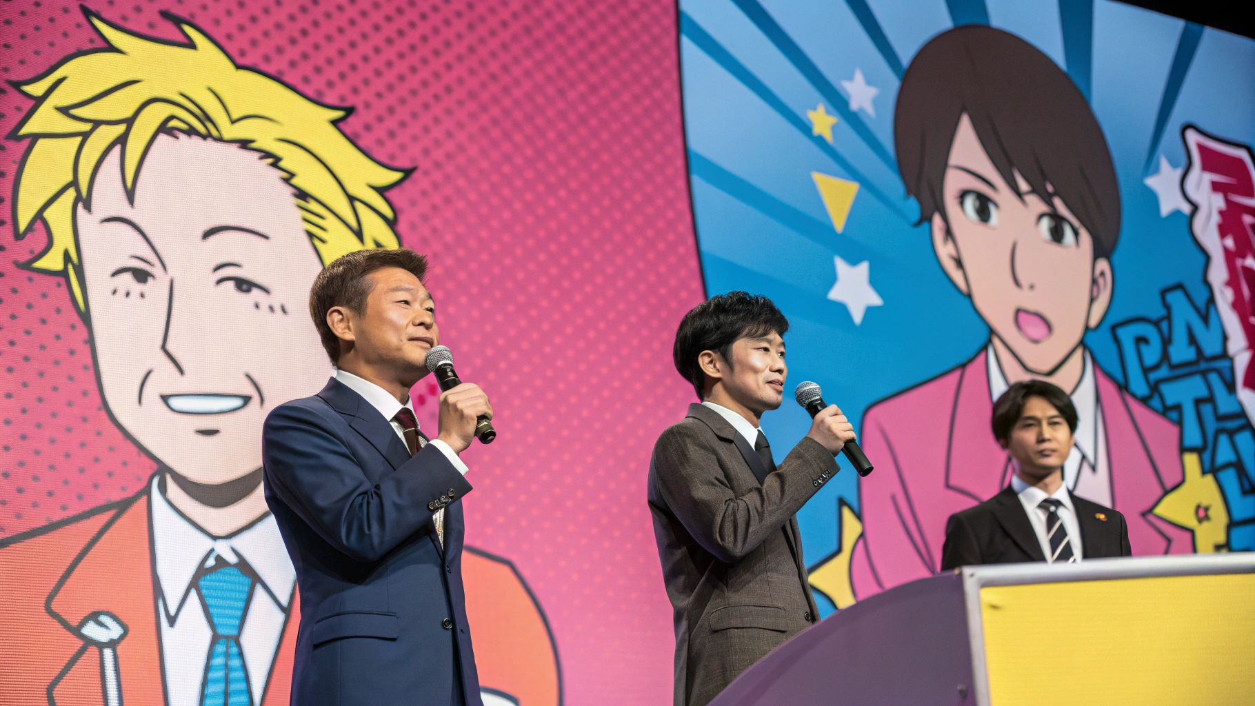 ポップアート風アニメ政治家声優演説