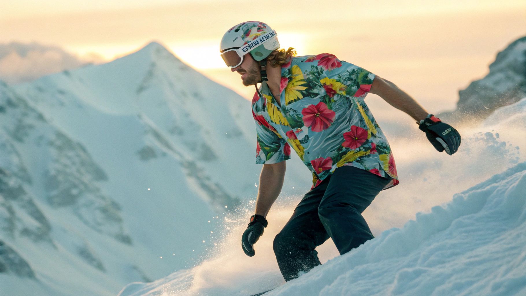 熱帯アロハ柄雪山スノボ選手