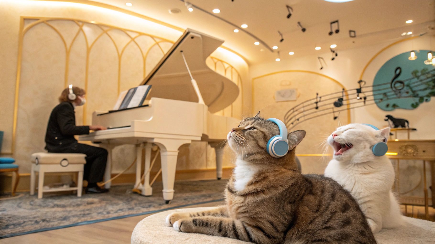 猫カフェ、ピアノ音楽の温もり