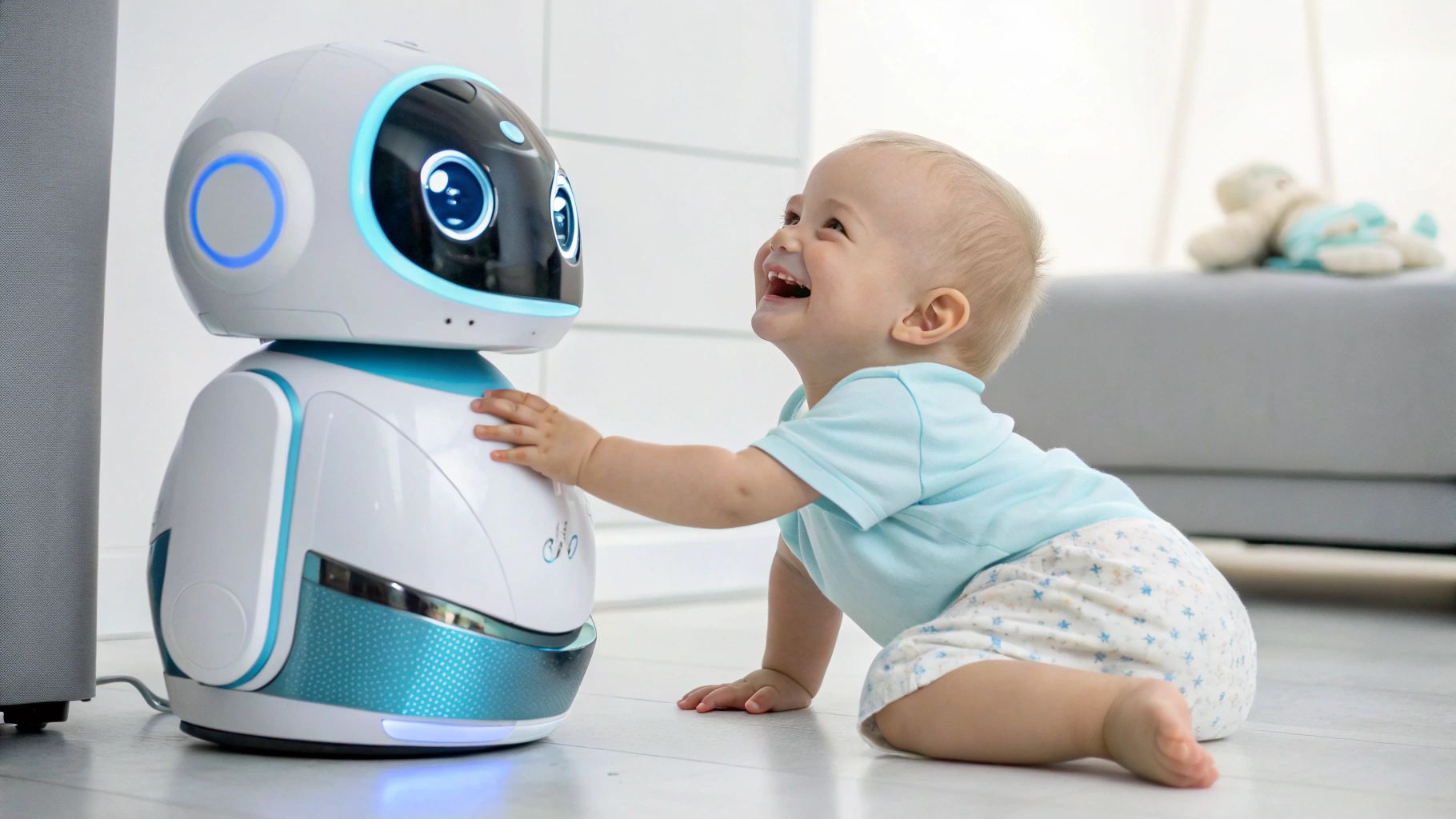 未来型オムツ交換ロボットと笑顔の赤ちゃん