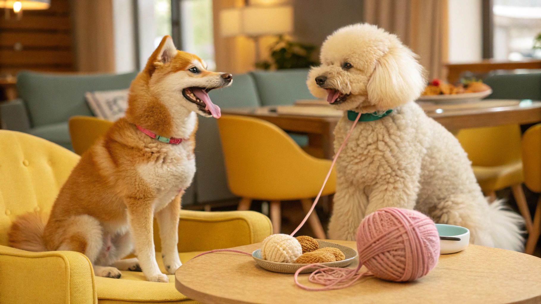 柴犬とプードルの猫カフェ風