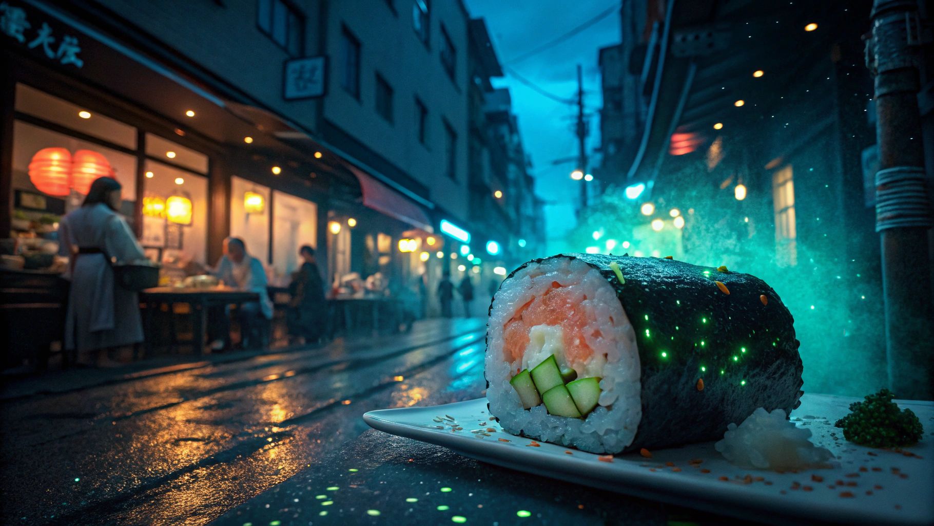 光る寿司と幻想秋田の夜景