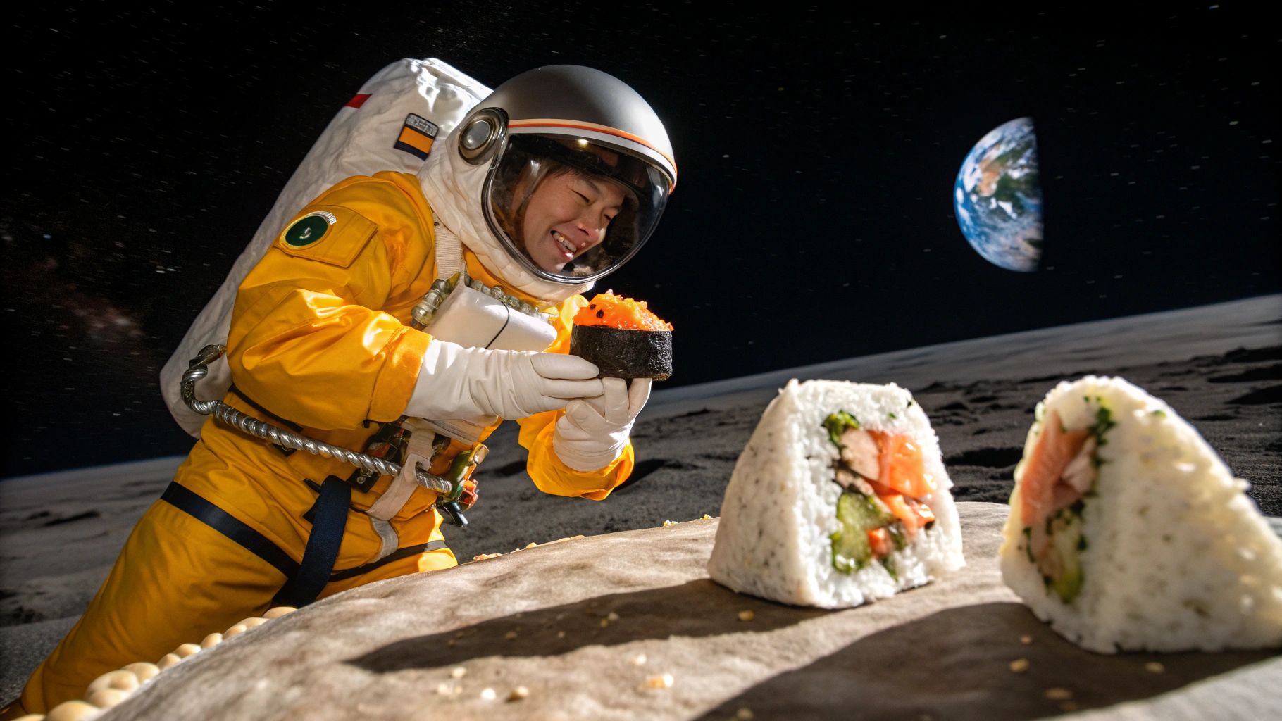 月面でおにぎりを味わう宇宙飛行士