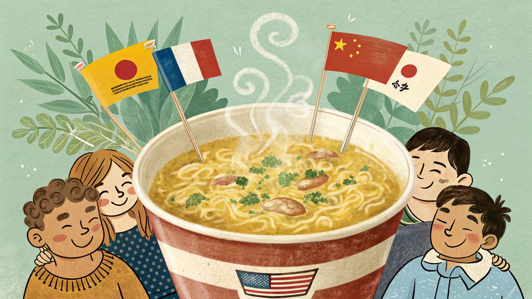 国旗と笑顔の即席ラーメン