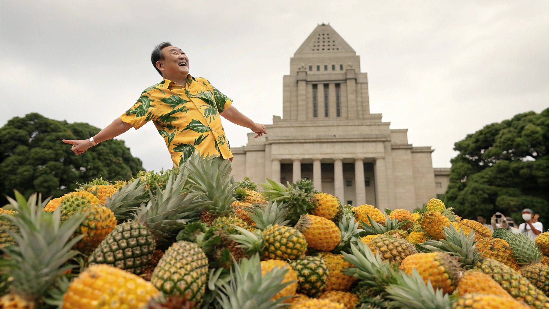 国会前でパイナップル山と議員フラ