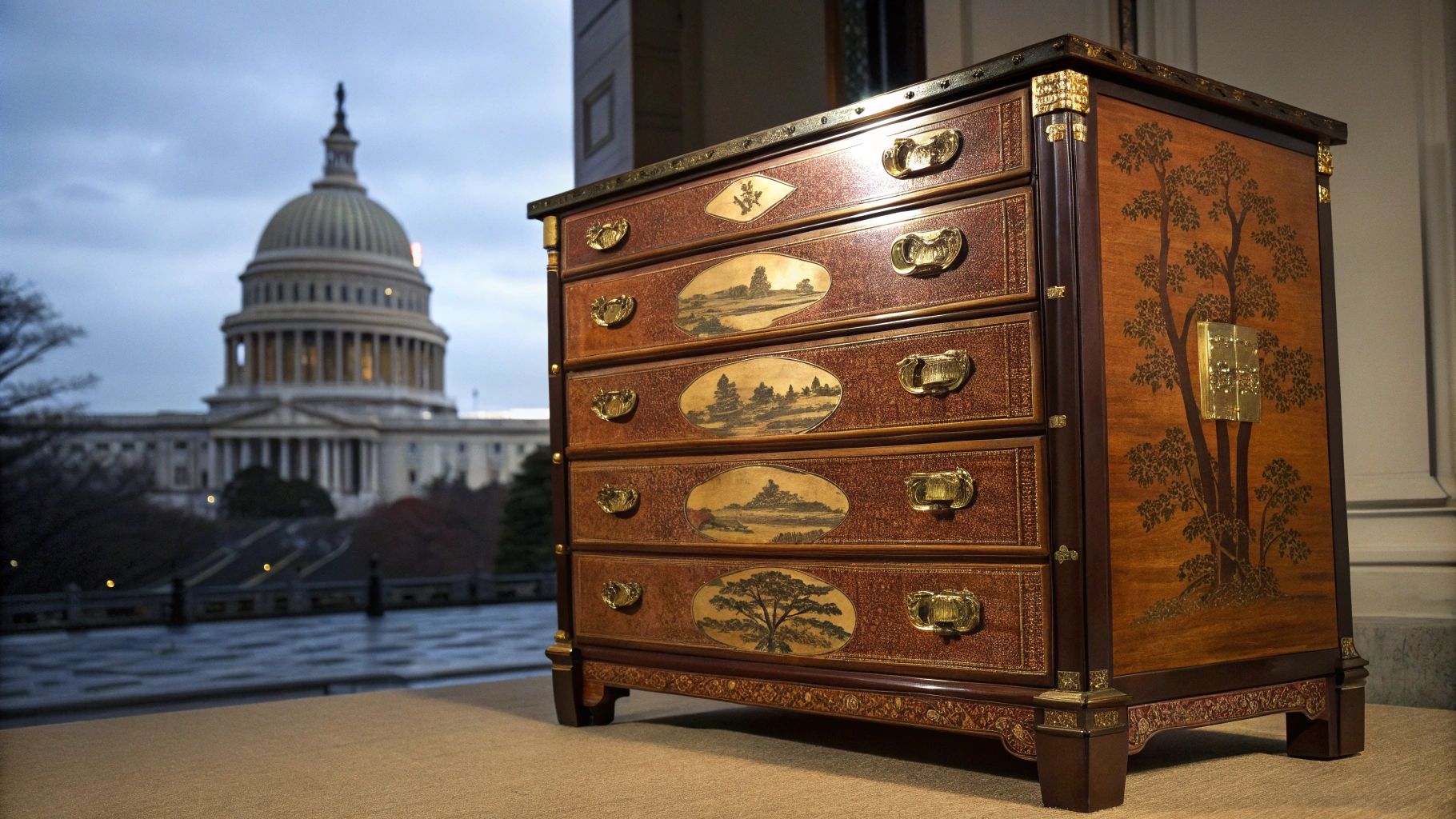 金色アクセントチェストと国会背景