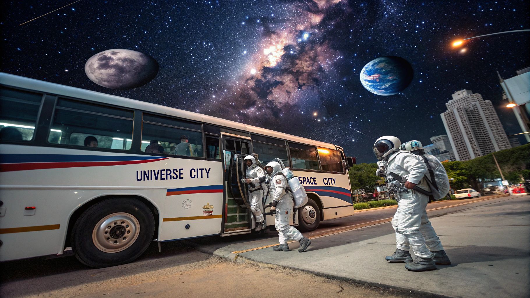 宇宙飛行士と宇宙市バスのアニメ