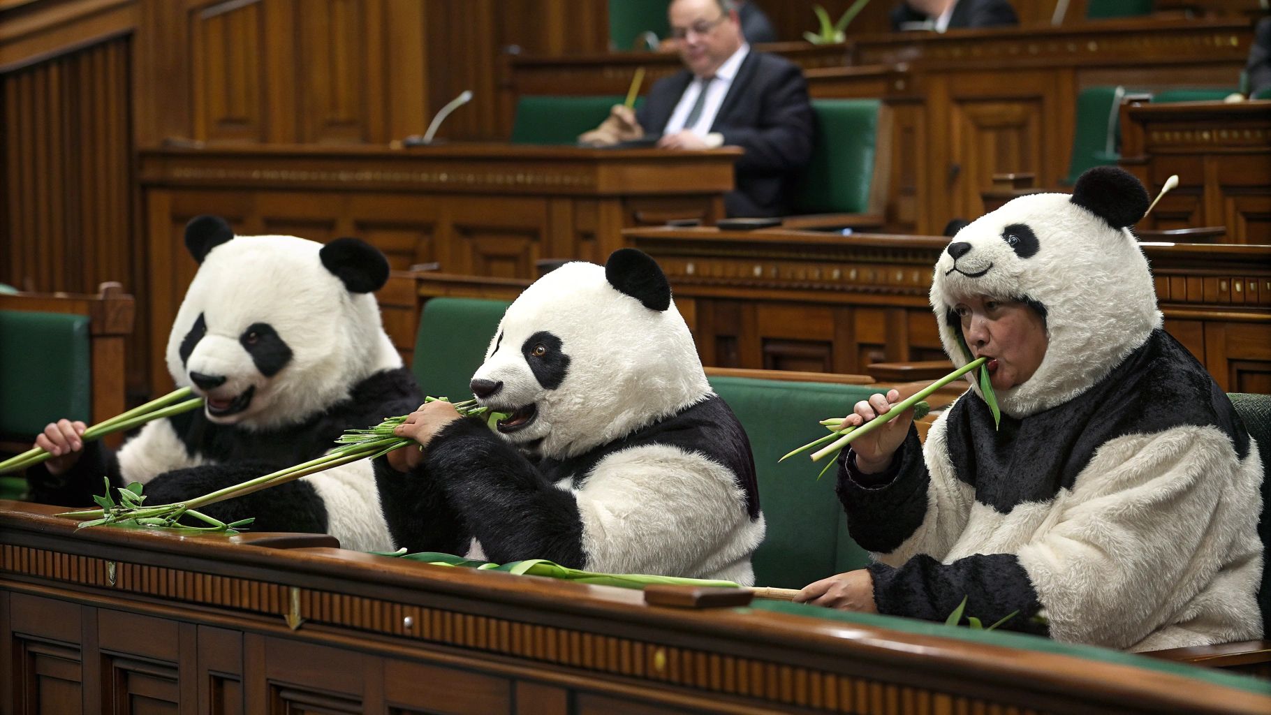 国会で竹を食べるパンダ議員の風刺論争