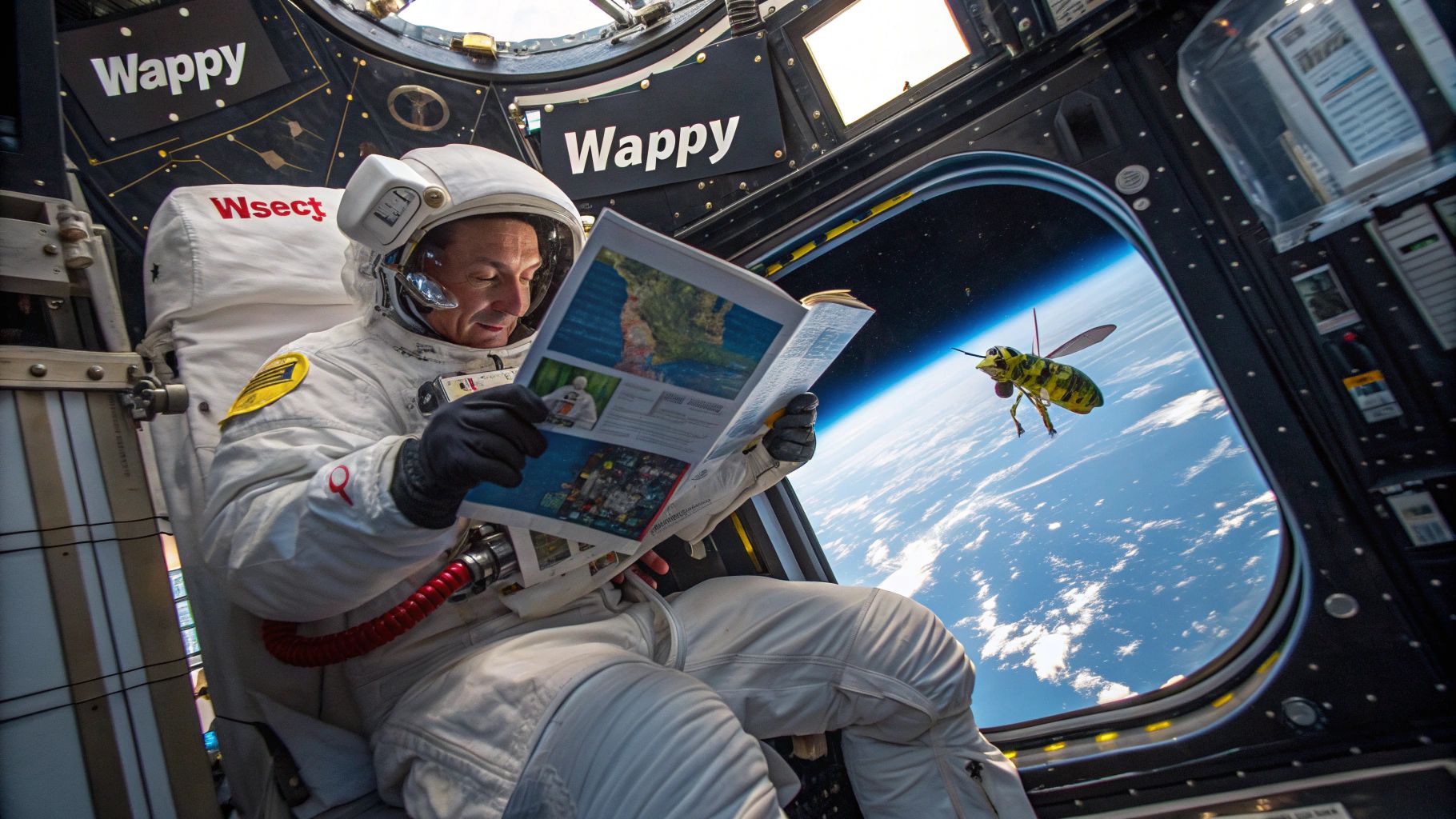 宇宙船内漫画読む宇宙飛行士と発光昆虫
