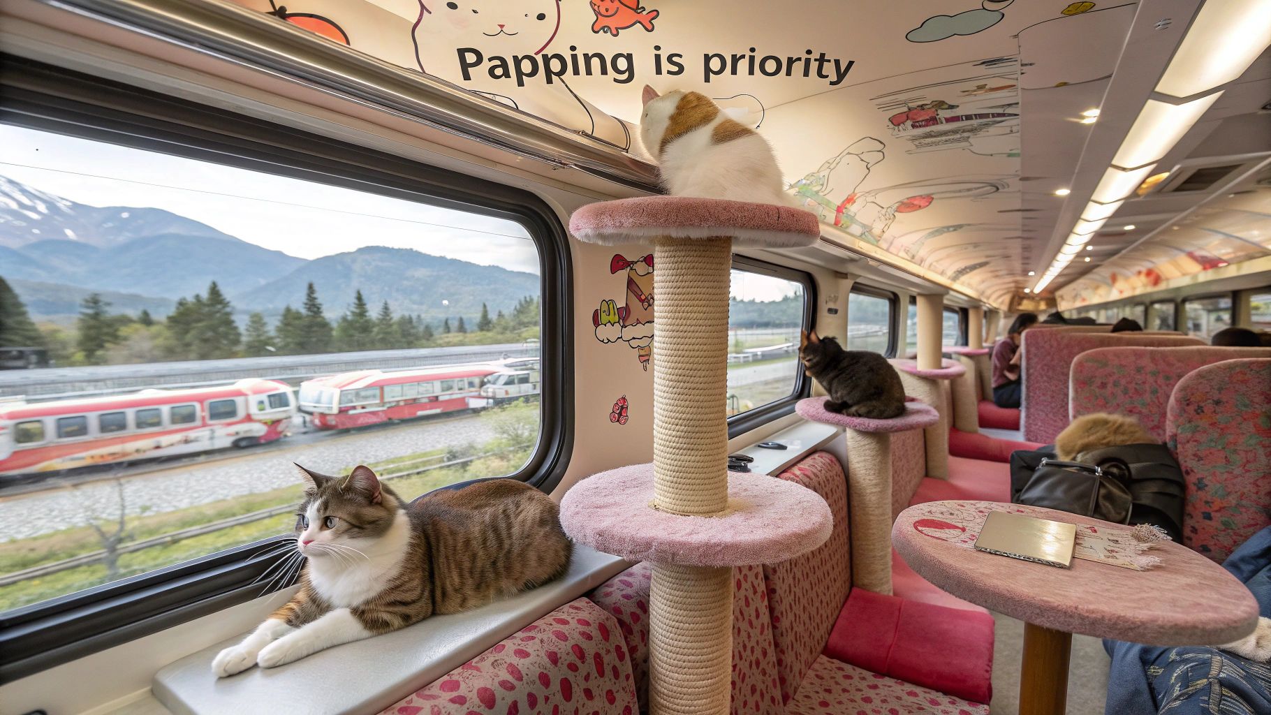猫専用超音速列車 豪華寿司車内猫カフェ風景