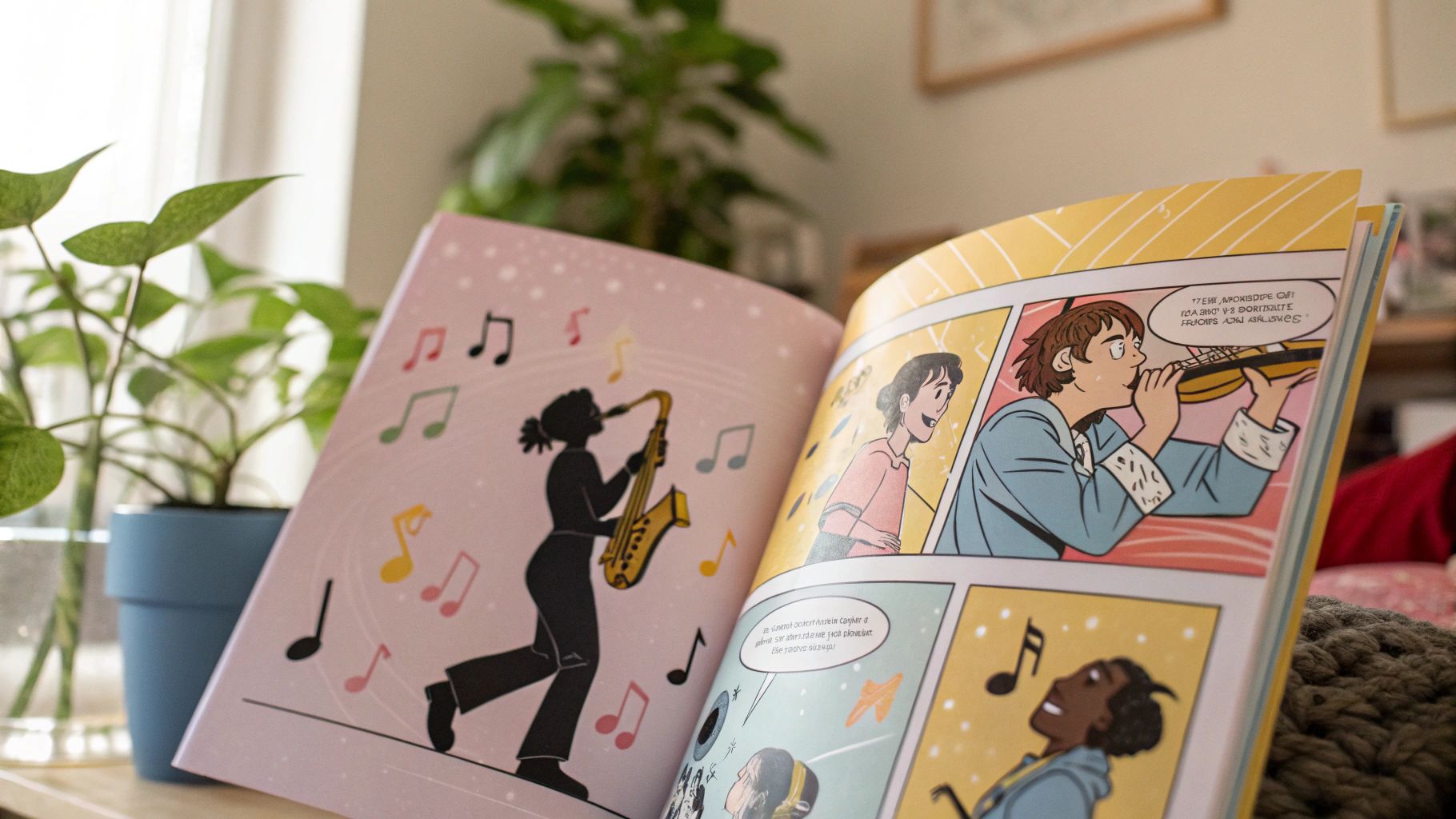 若葉と音符の漫画ジャズクラシック楽器