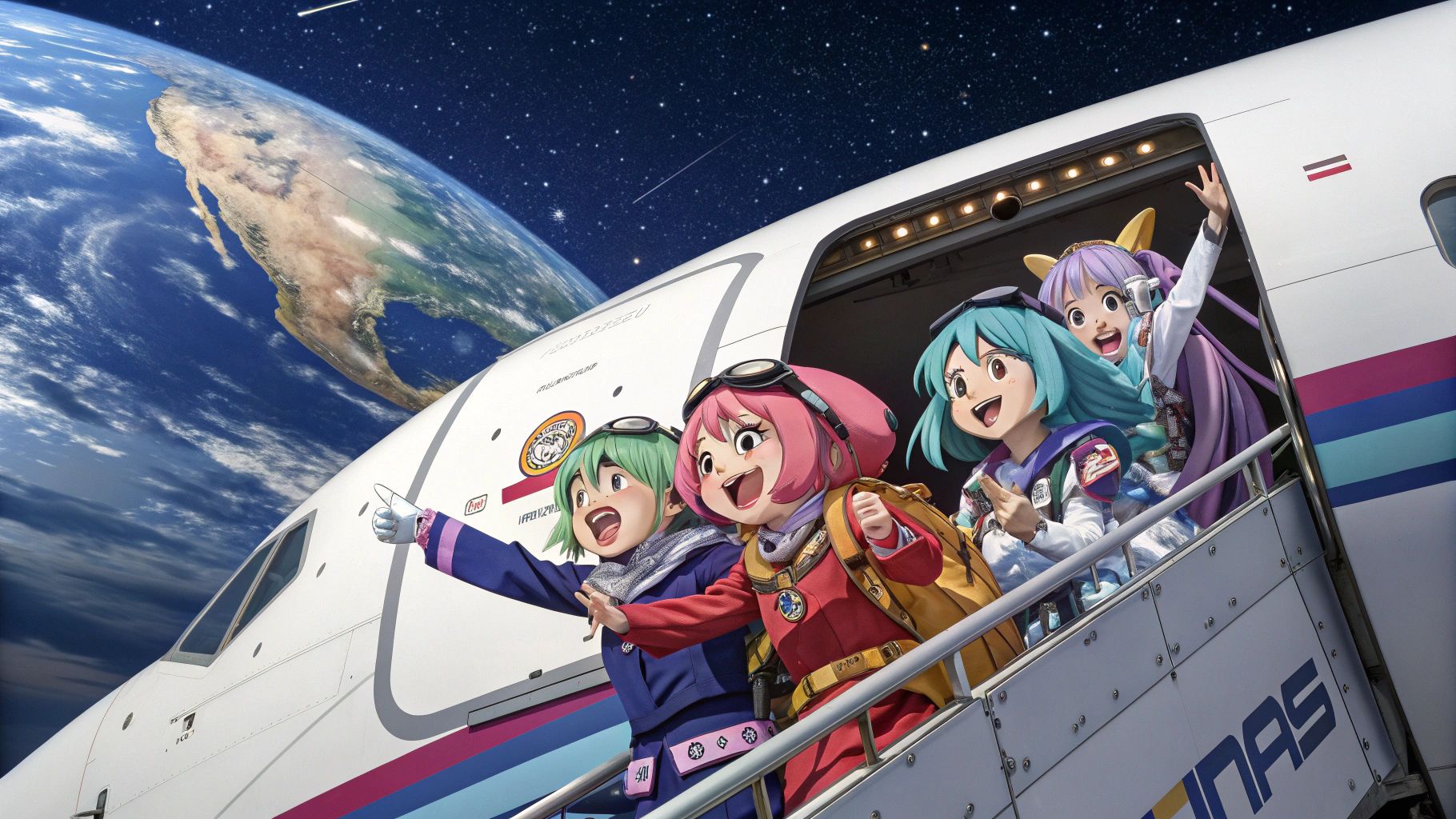 宇宙船に乗るカラフルなアニメキャラ