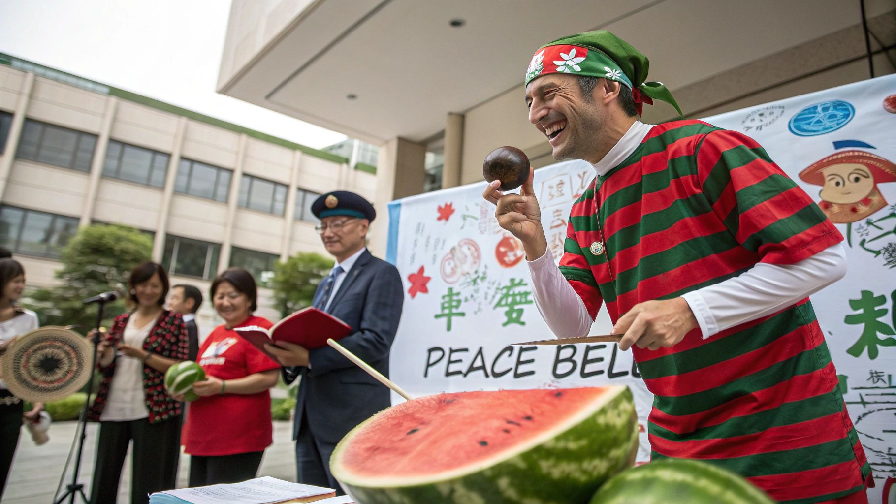 国連大使笑顔のスイカ割り祭