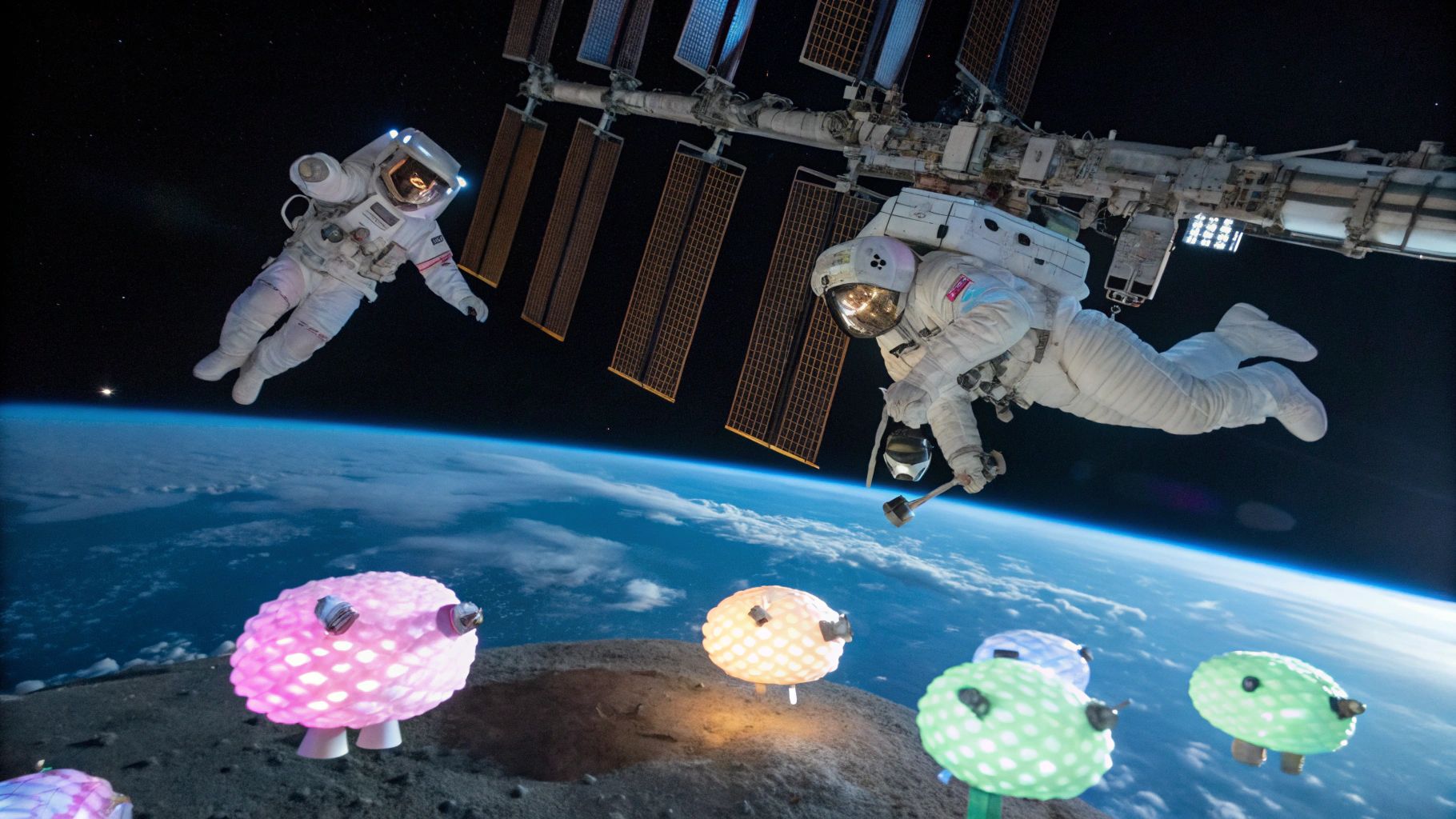 無重力宇宙で羊を数える宇宙飛行士とISS