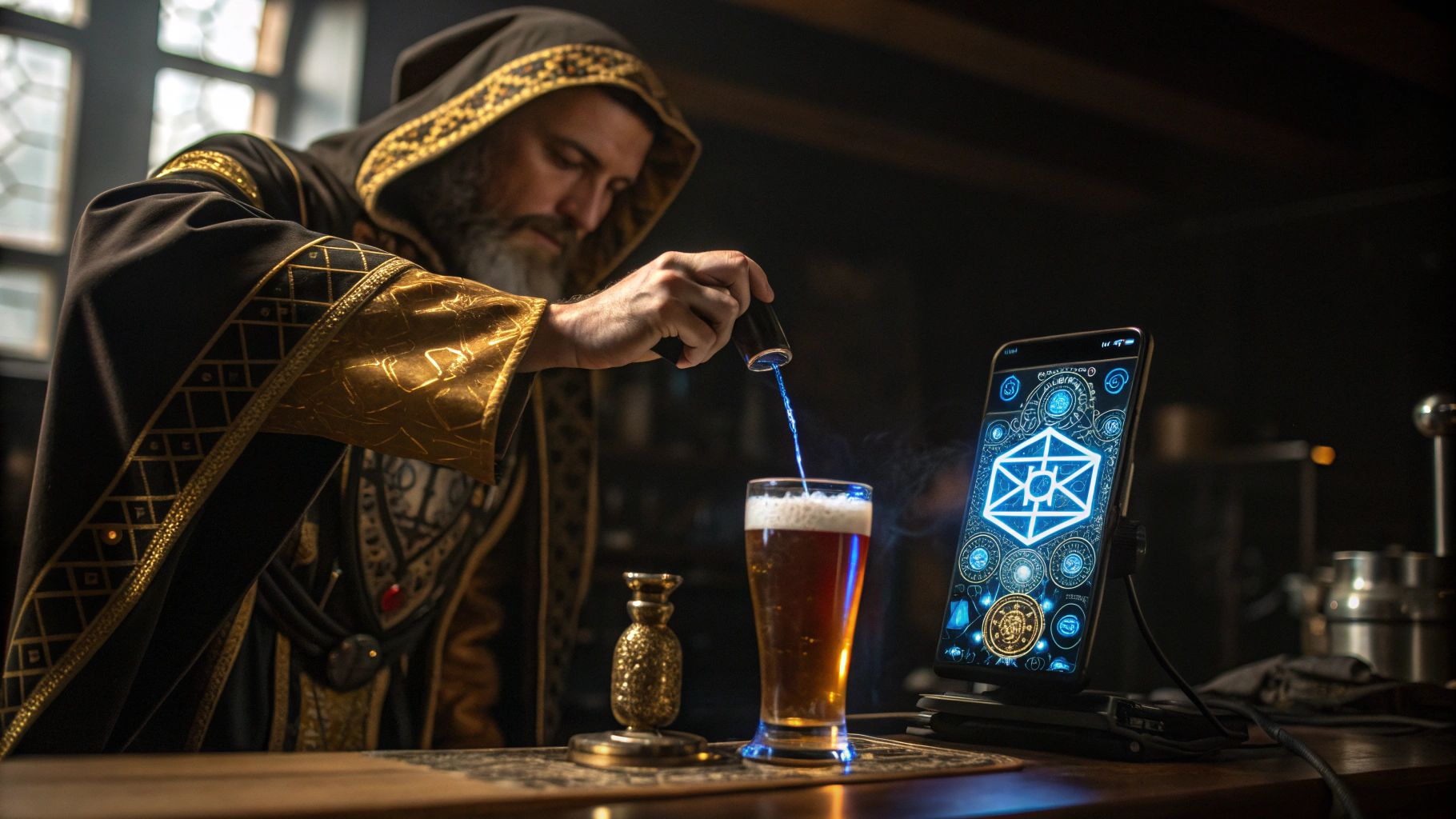 中世錬金術師のビール醸造と輝くスマホ