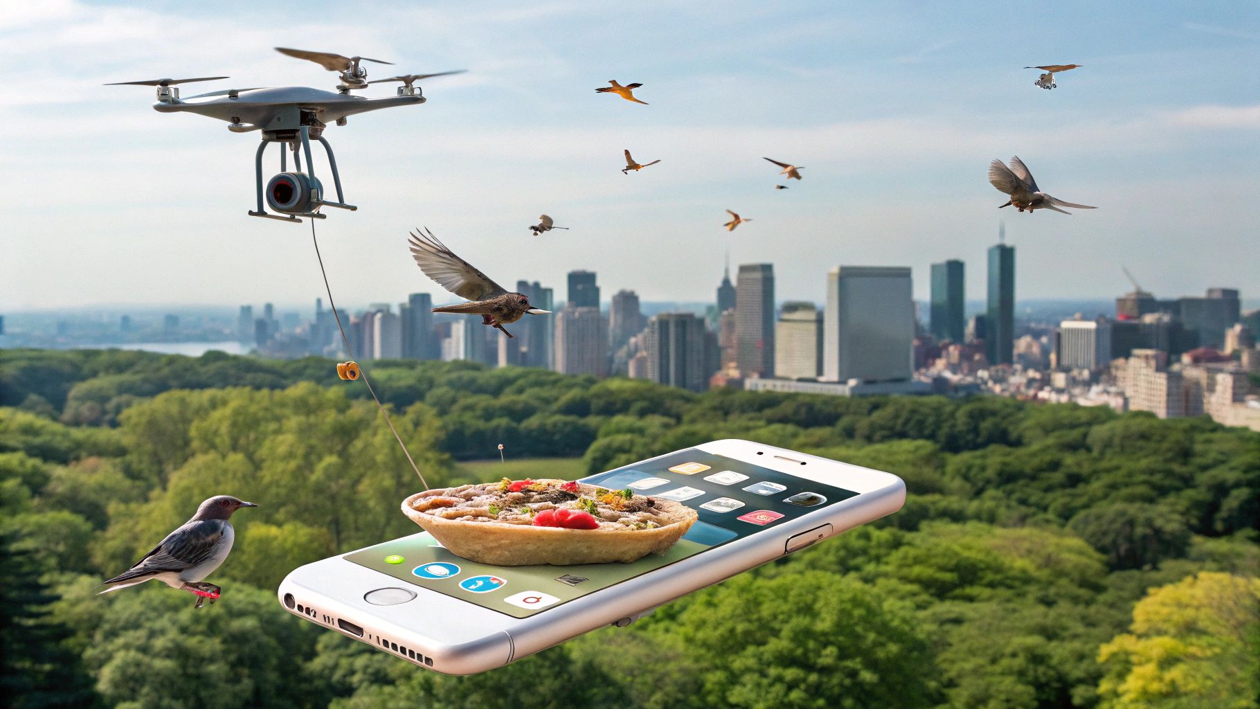 空飛ぶiPhoneが都市の鳥群に食配