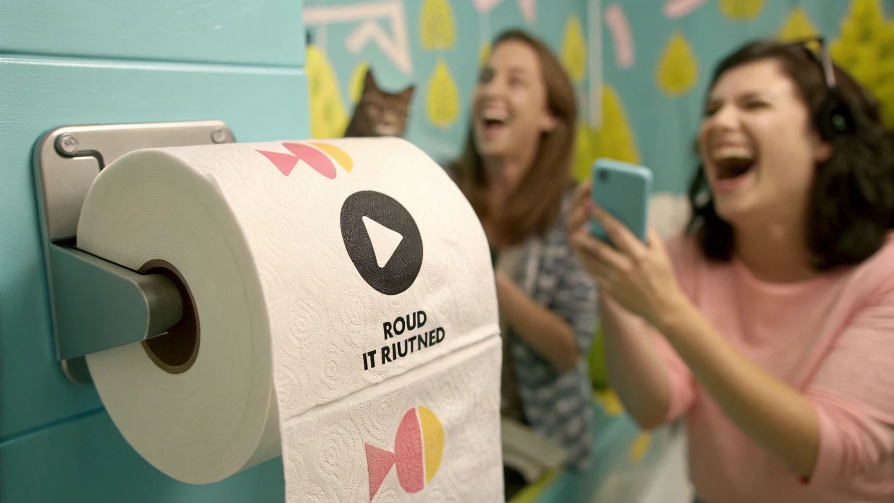 巻き戻しトイレット紙と笑顔猫