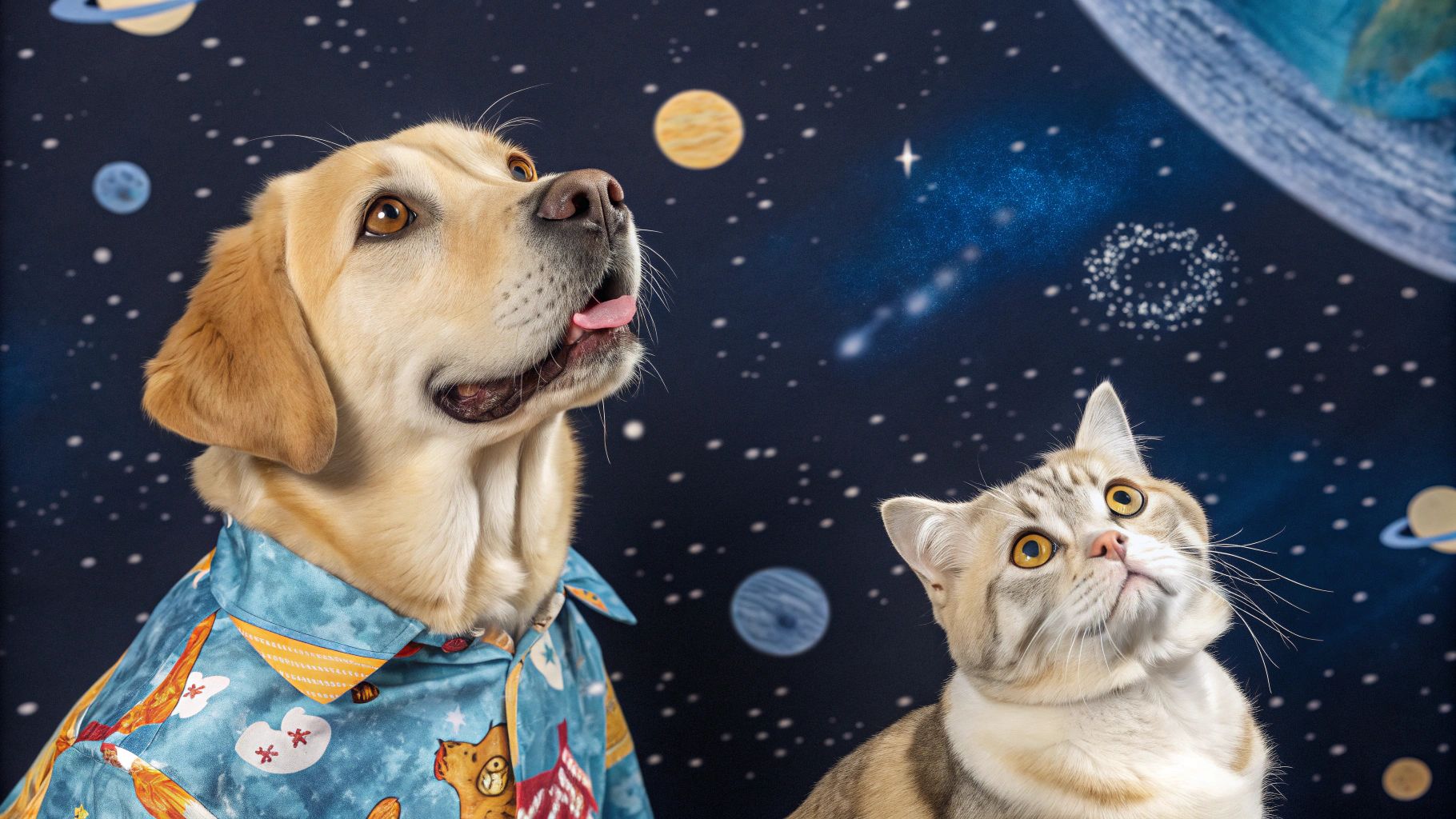 宇宙浮遊ラブラドールと折れ耳猫