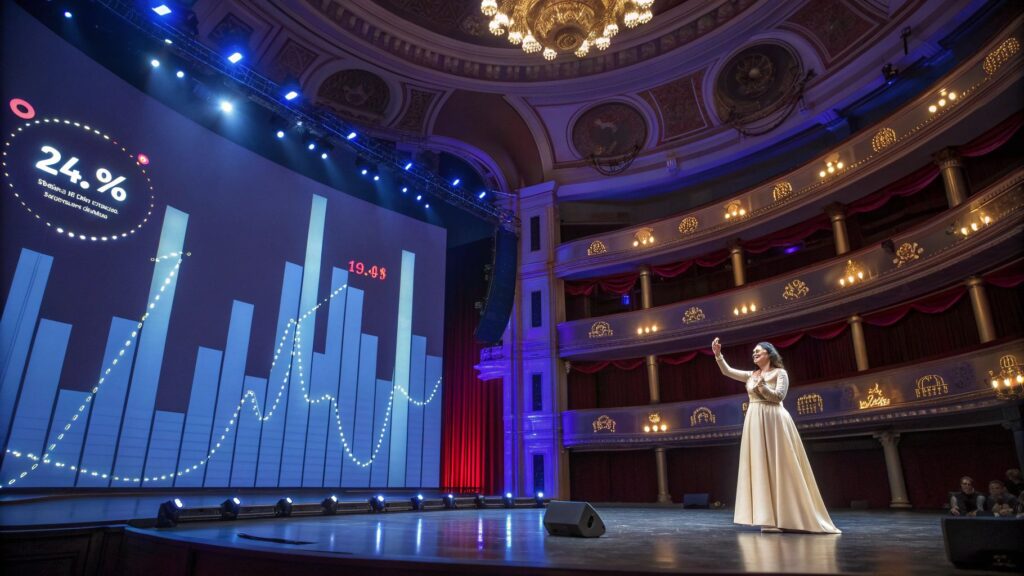 未来的オペラ舞台とSNS成長グラフ